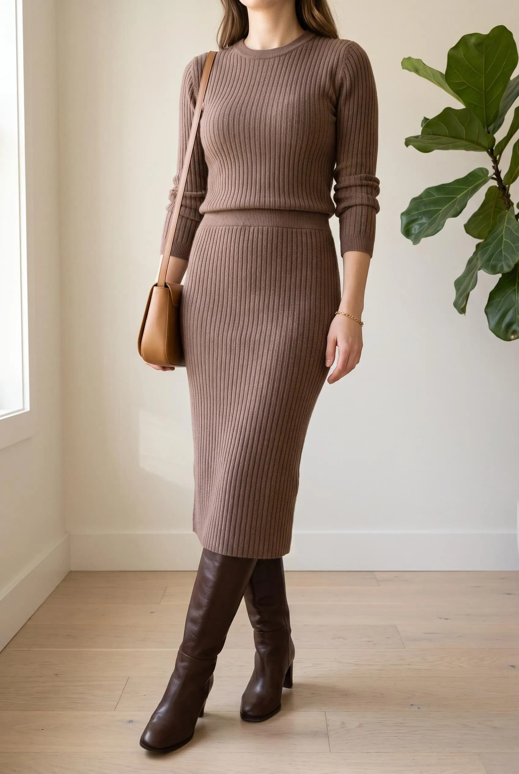 Matching mocha ribbed knit top and midi skirt with chocolate knee-high boots