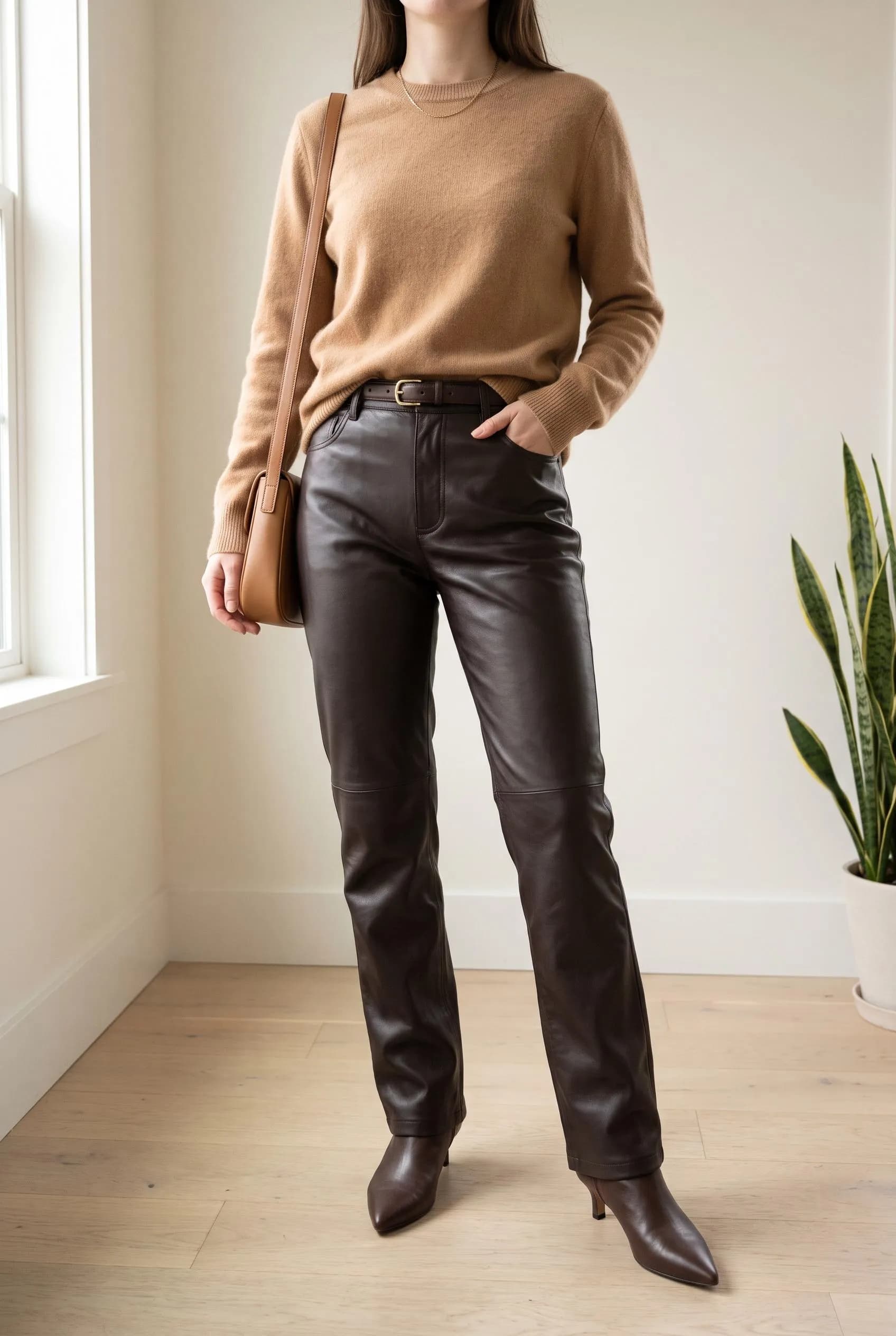 Camel knit sweater with dark brown leather pants and pointed brown boots