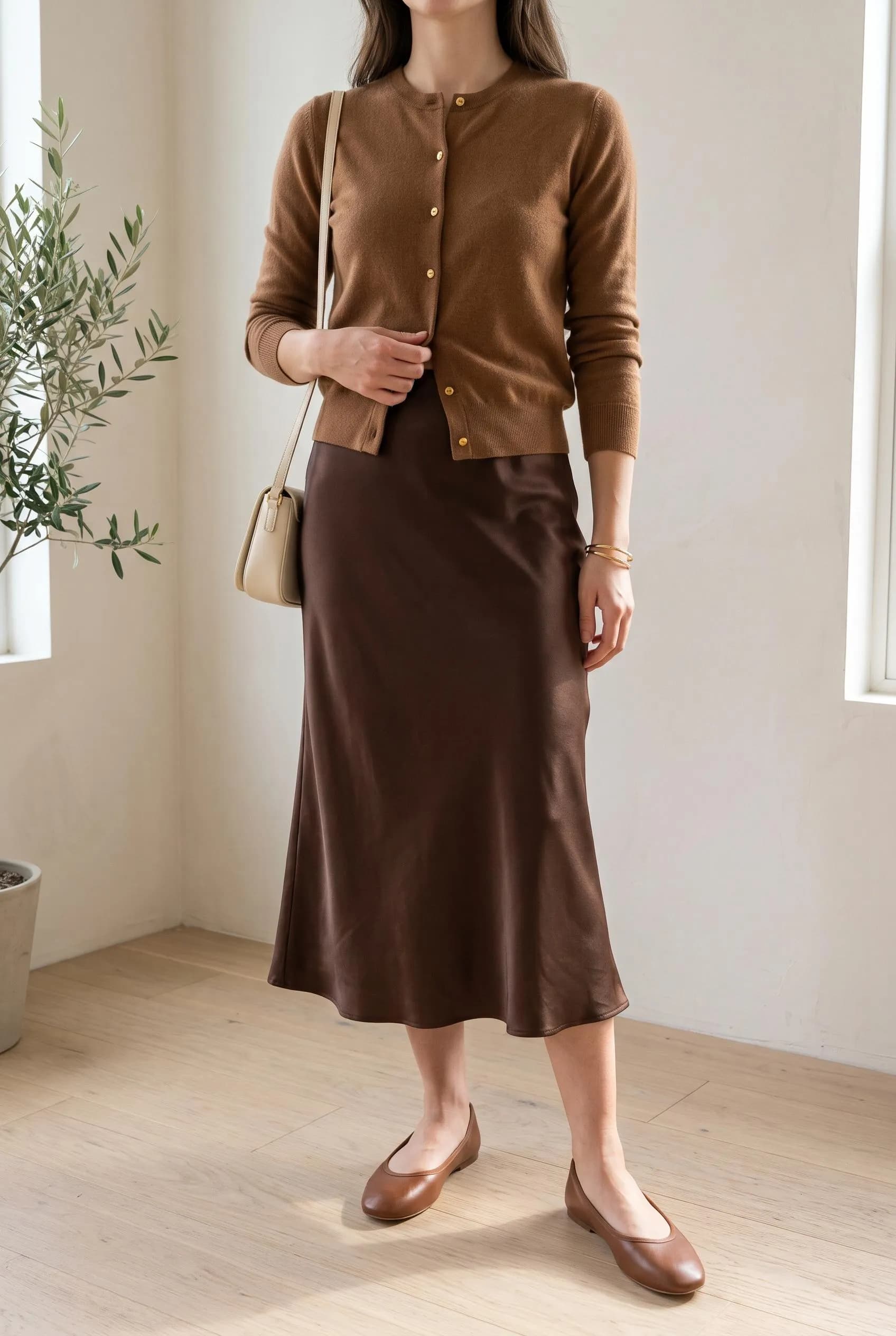 Caramel cardigan tucked into a chocolate satin midi skirt with brown ballet flats