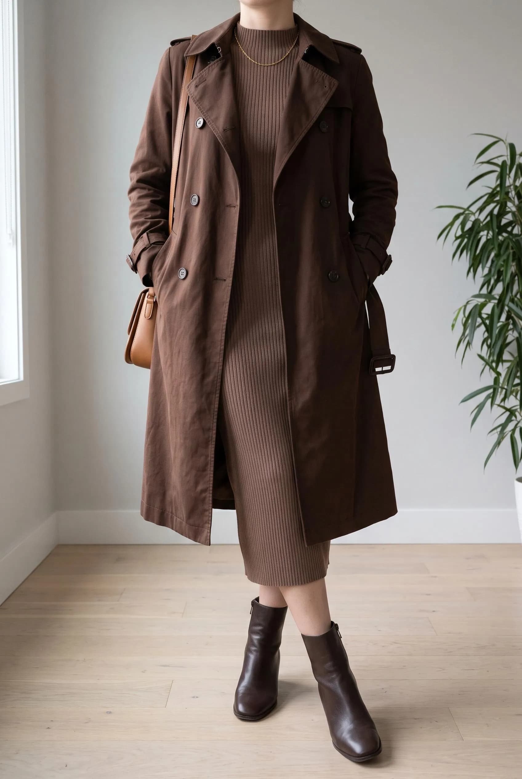 Chocolate brown trench coat over a mocha knit midi dress with heeled boots