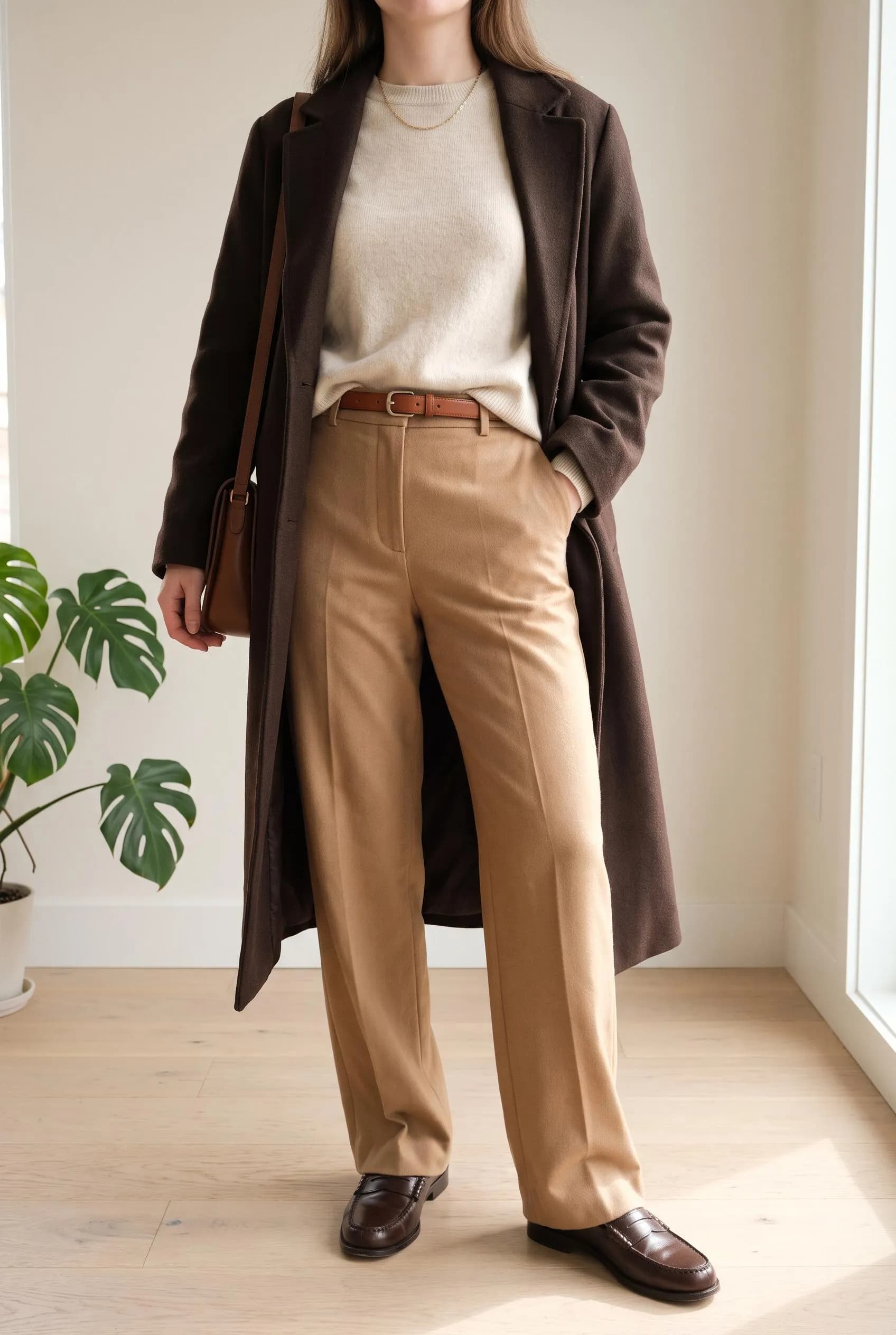 Light to dark brown outfit with an oatmeal knit, camel trousers and a chocolate coat