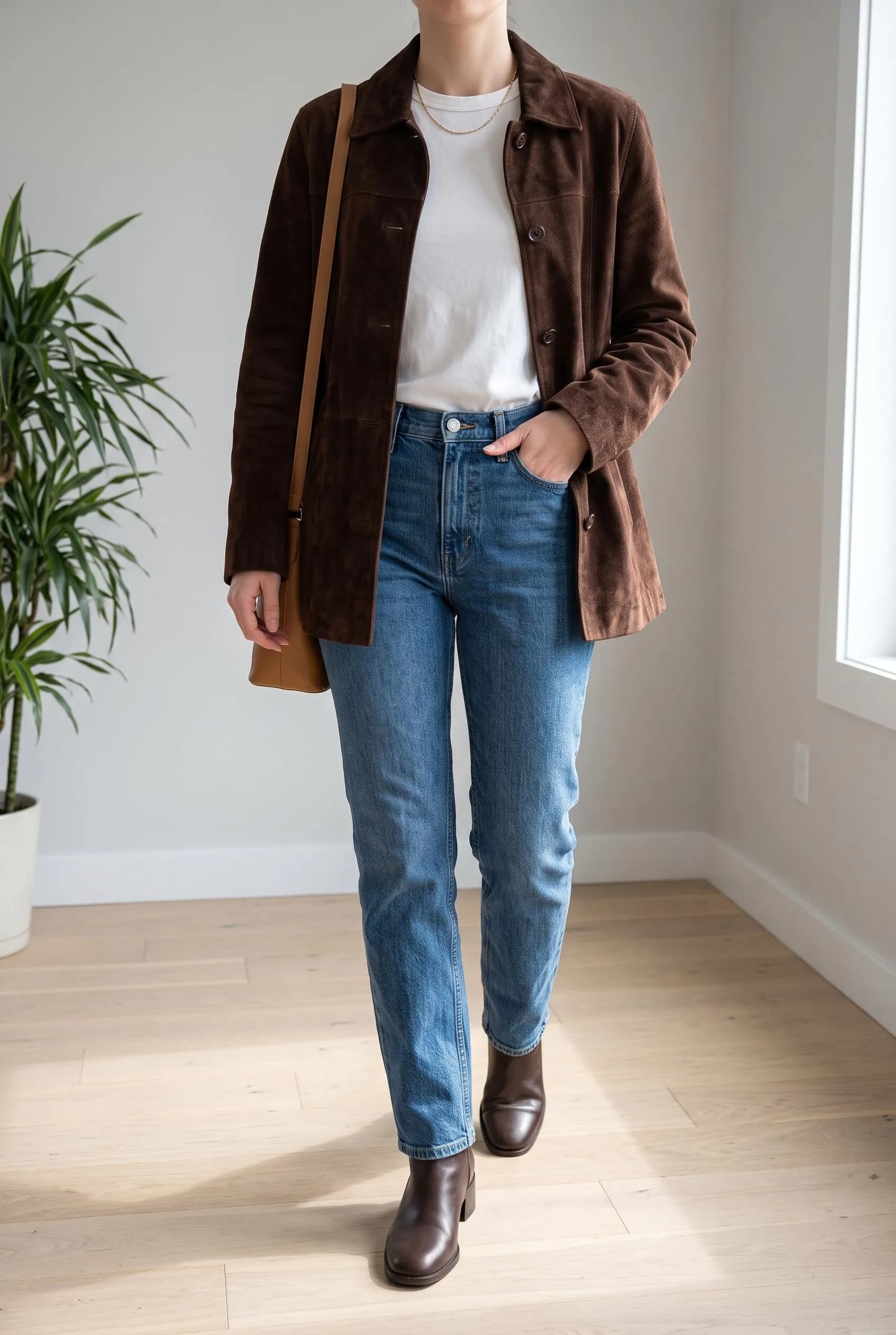 Chocolate brown suede jacket over a white tee with straight blue jeans and brown ankle boots