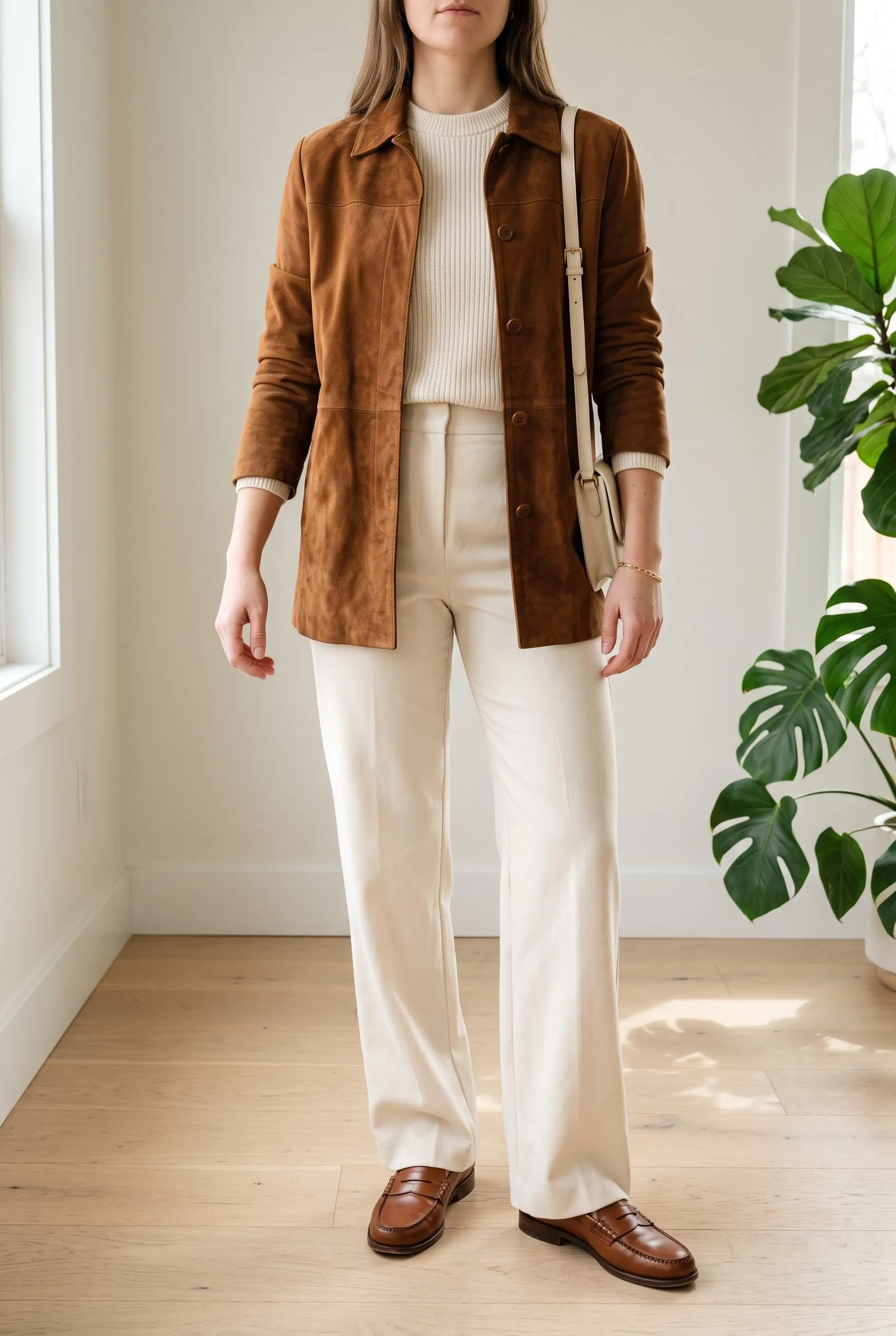 Tobacco brown suede jacket over a cream knit and cream wide-leg trousers with brown loafers