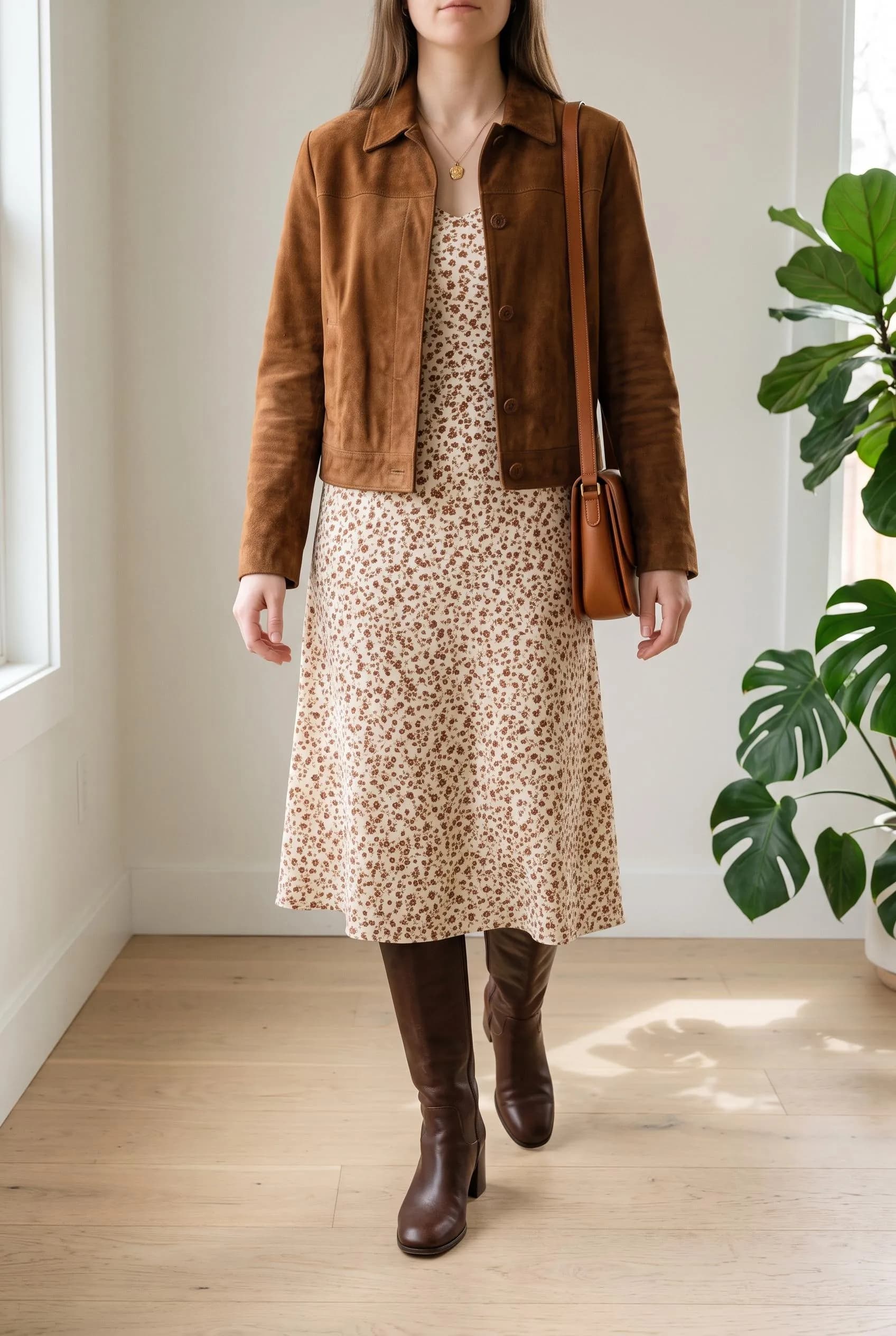 Brown suede jacket over a cream spotted-print midi dress with dark brown knee-high boots