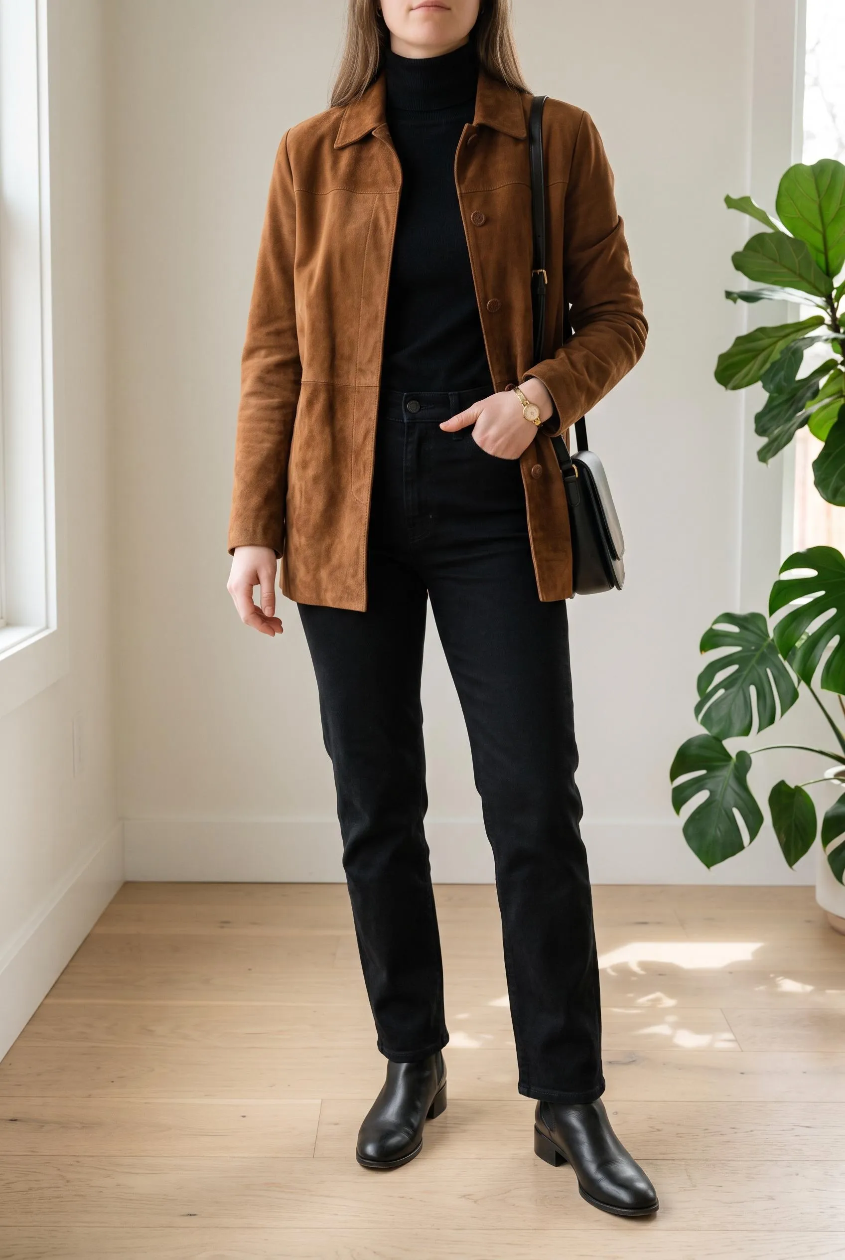 Brown suede jacket over a black turtleneck and black jeans with black ankle boots