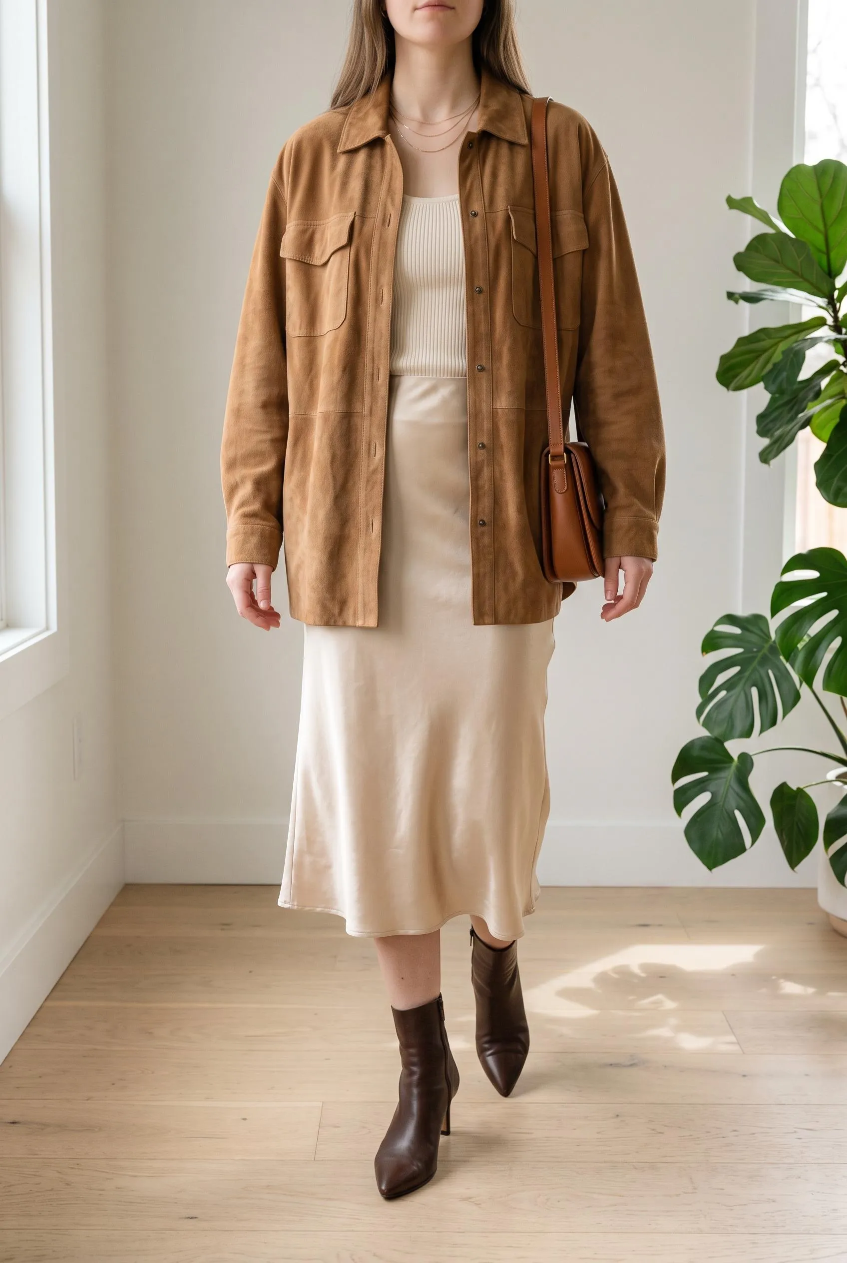 Camel suede shirt jacket over a cream tank with a champagne satin slip skirt and brown boots