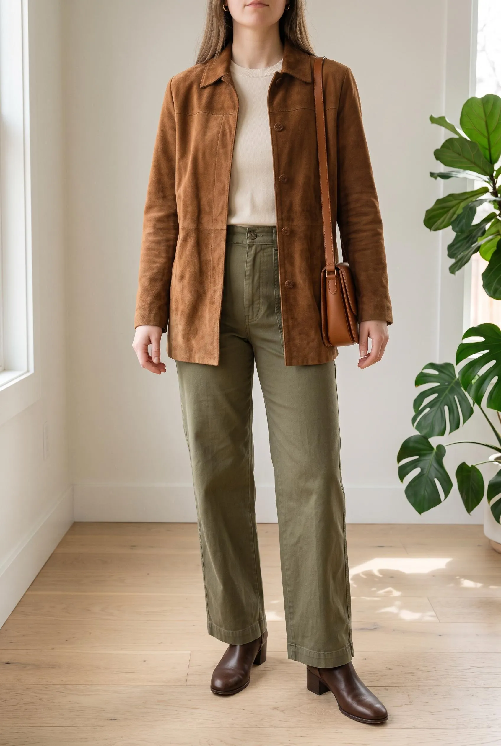 Brown suede jacket with olive wide-leg trousers, a cream top and brown ankle boots