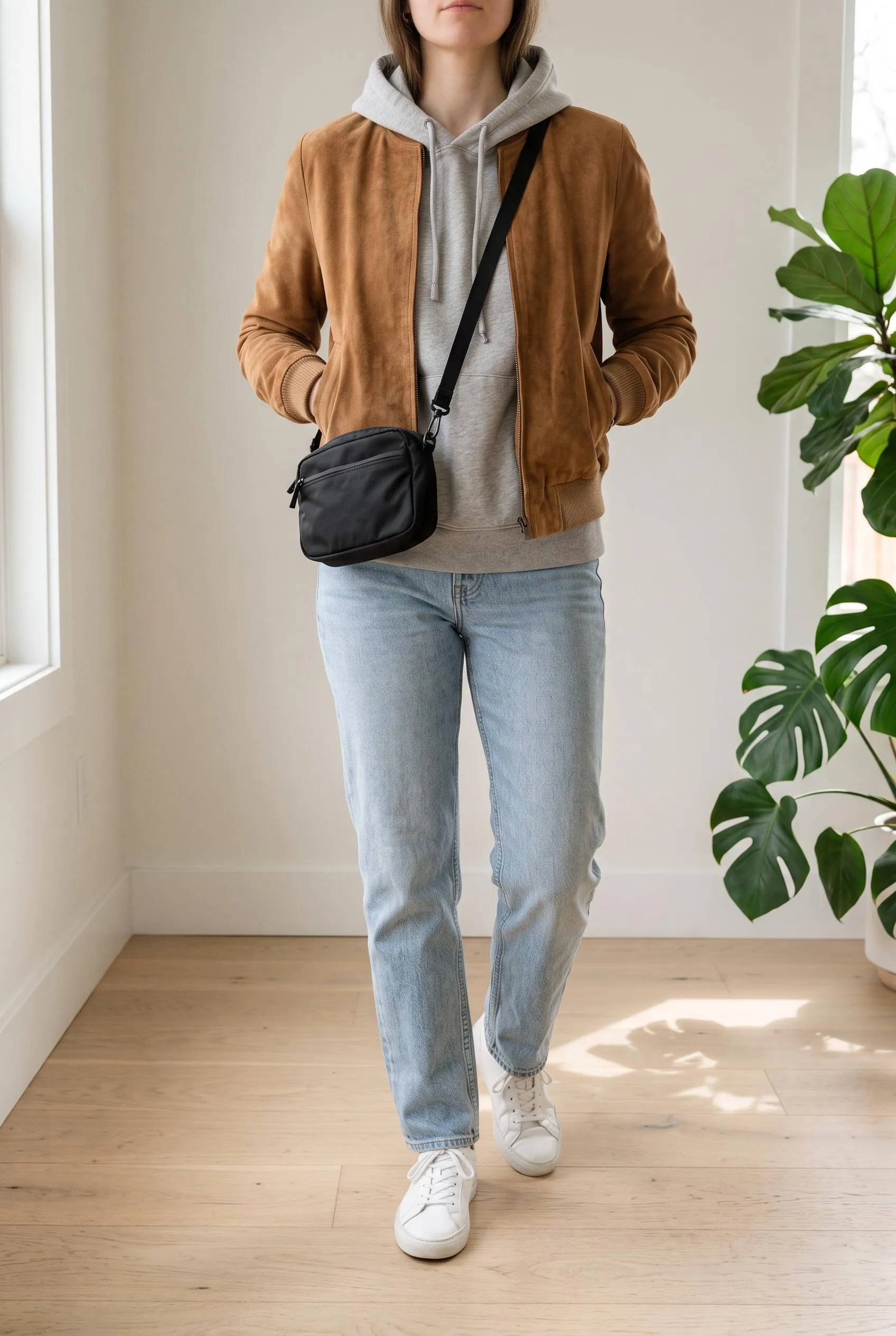 Short tan suede jacket over a grey hoodie with light-wash jeans and white sneakers