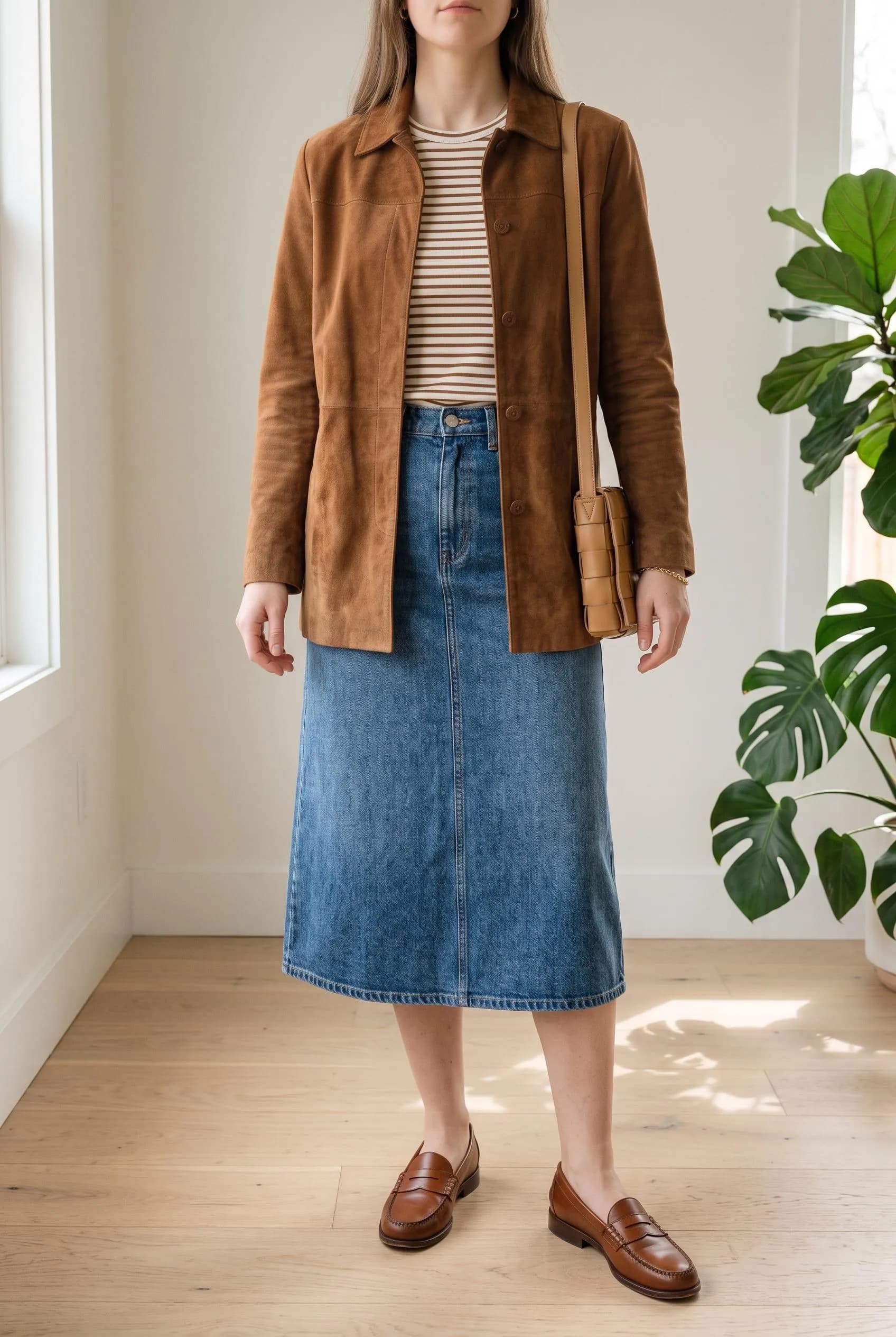 Brown suede jacket with a striped top, a denim midi skirt and brown penny loafers