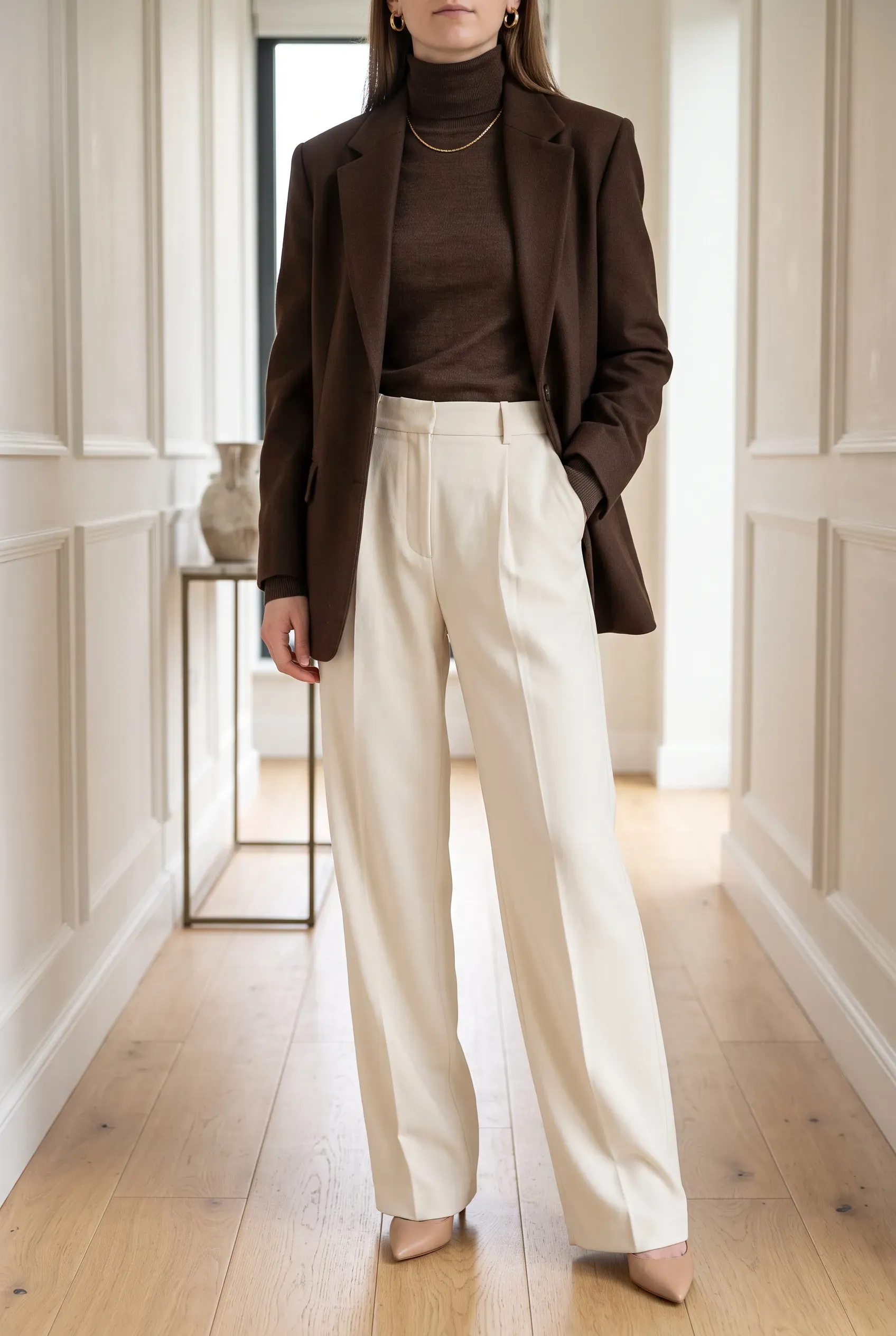 Dark brown turtleneck sweater under a chocolate brown blazer with cream wide-leg trousers and nude heels