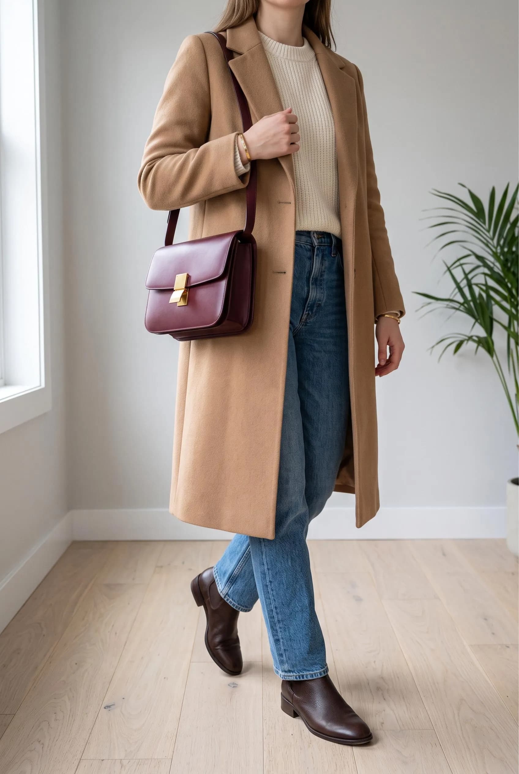 Burgundy leather flap shoulder bag with a camel coat, cream knit, straight jeans and brown ankle boots