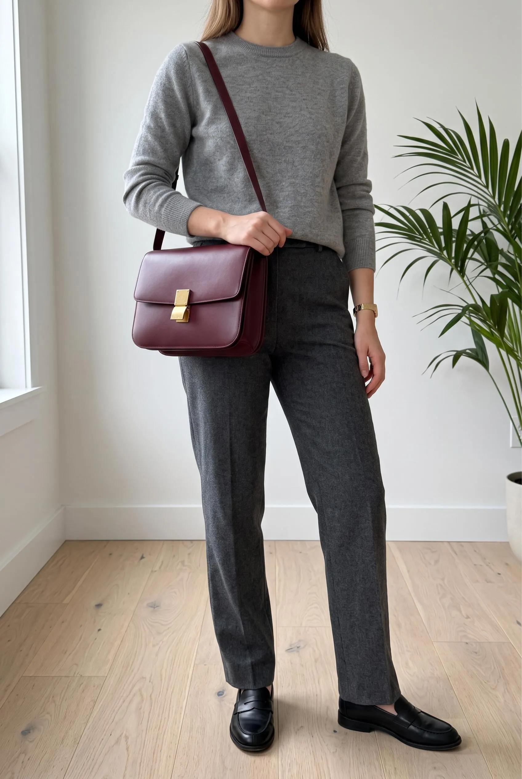 Burgundy flap shoulder bag with a grey sweater, charcoal trousers and black loafers