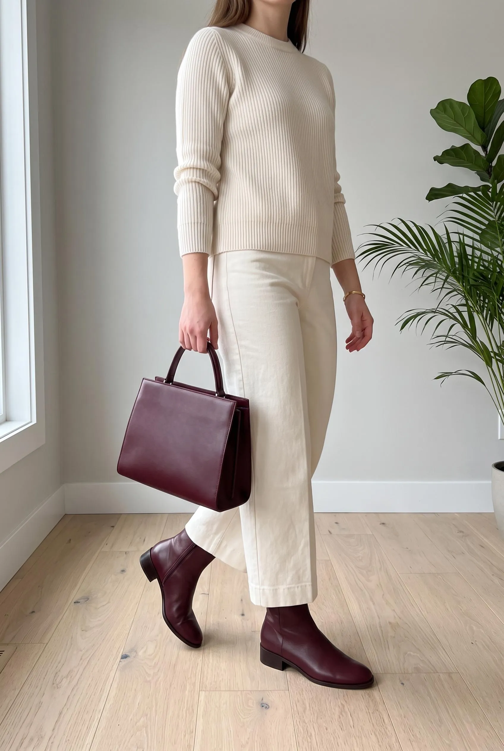 Burgundy top-handle bag with matching burgundy ankle boots and a cream knit and trousers