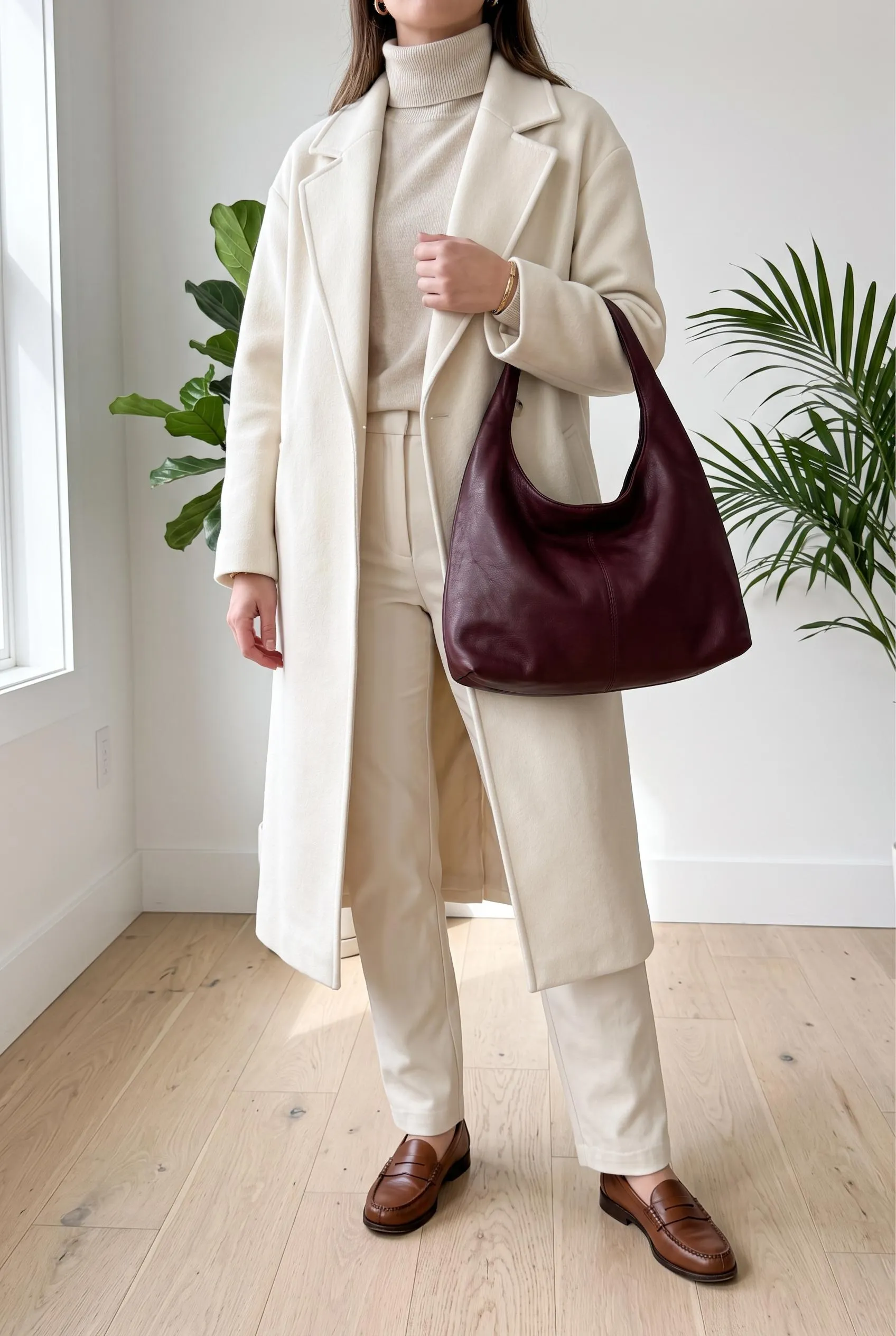 Slouchy burgundy hobo bag with a long cream coat, cream turtleneck and brown loafers