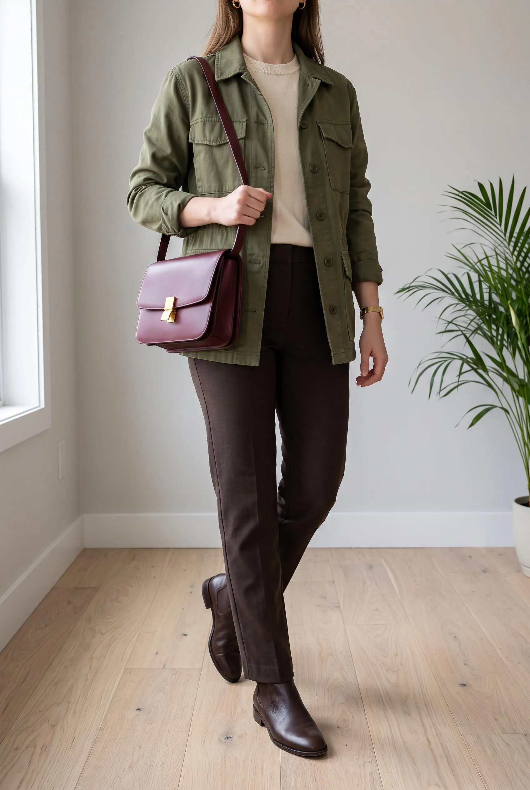 Burgundy flap shoulder bag with an olive utility jacket, cream top and brown trousers