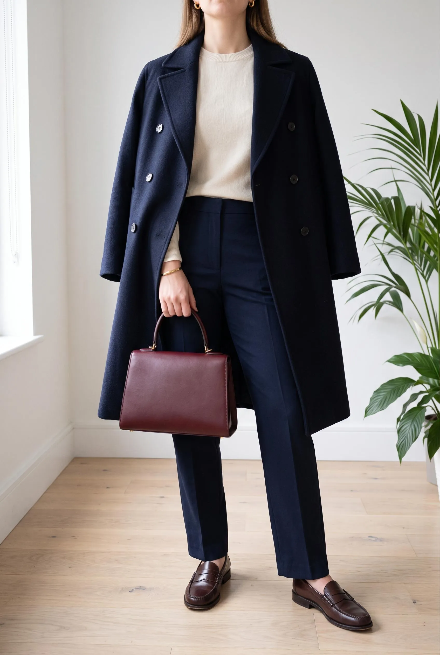 Burgundy top-handle bag with a navy double-breasted coat, navy trousers and brown loafers