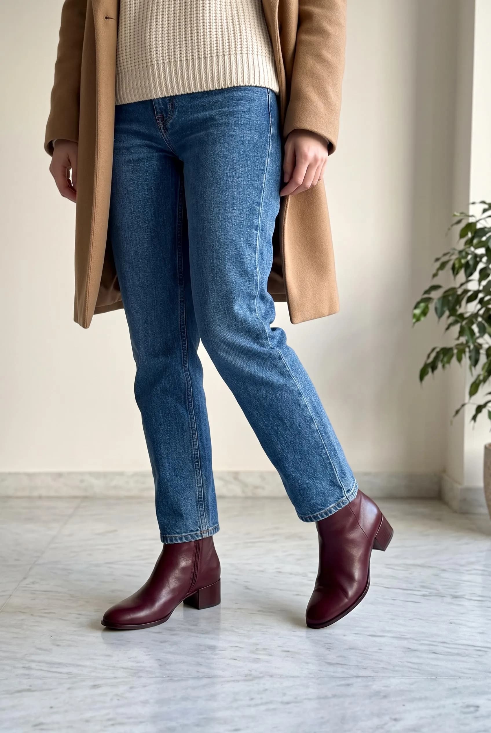 Burgundy leather ankle boots with straight blue jeans and a camel coat on a marble floor
