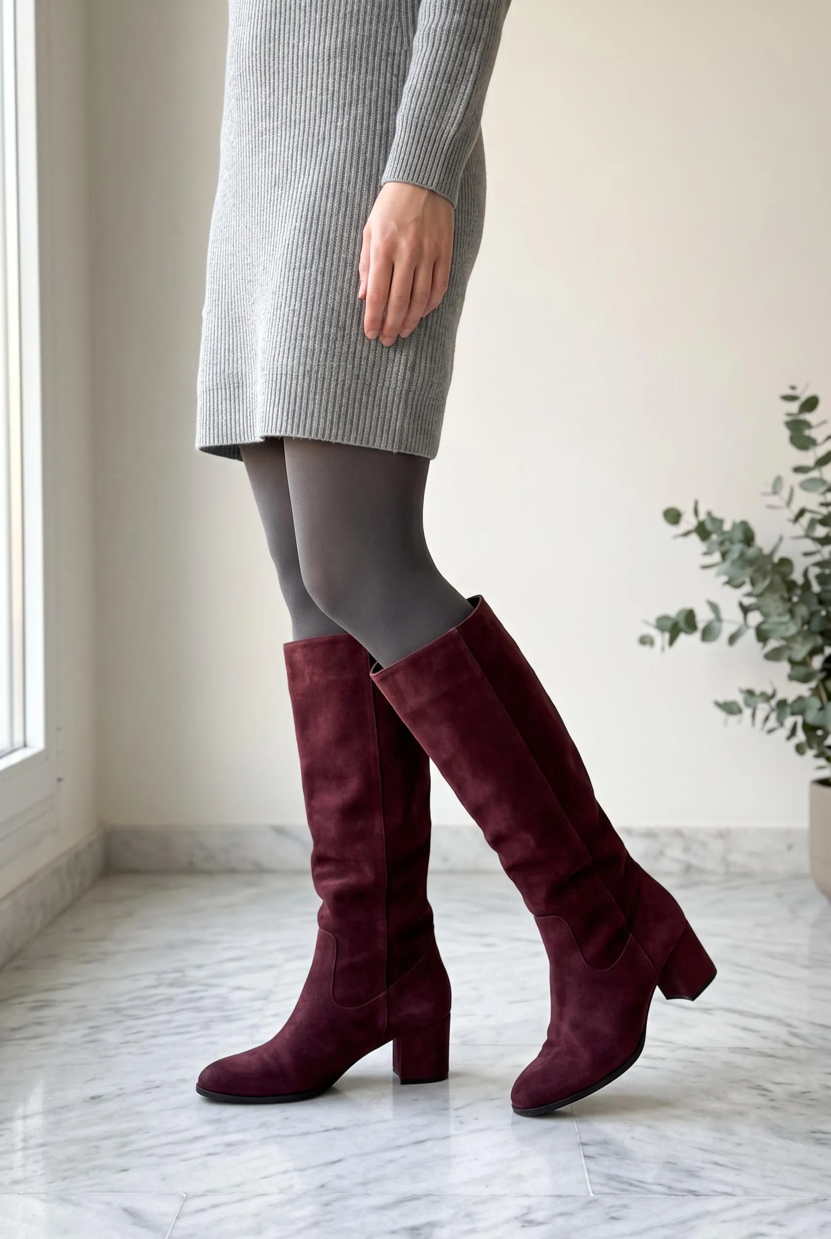 Burgundy suede knee-high boots with a grey sweater dress and charcoal tights