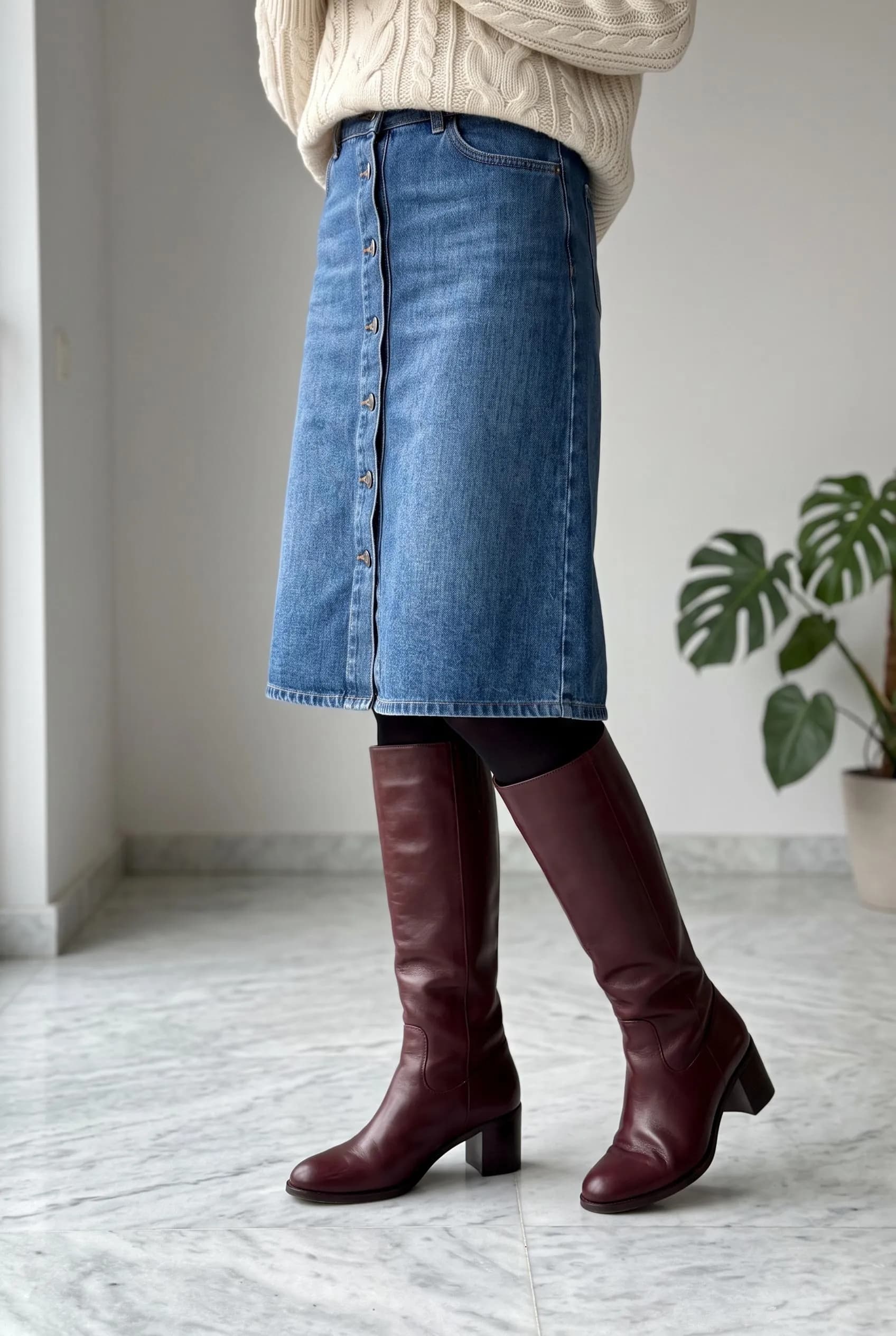 Burgundy knee-high boots with a denim button midi skirt, black tights and a cream cable knit