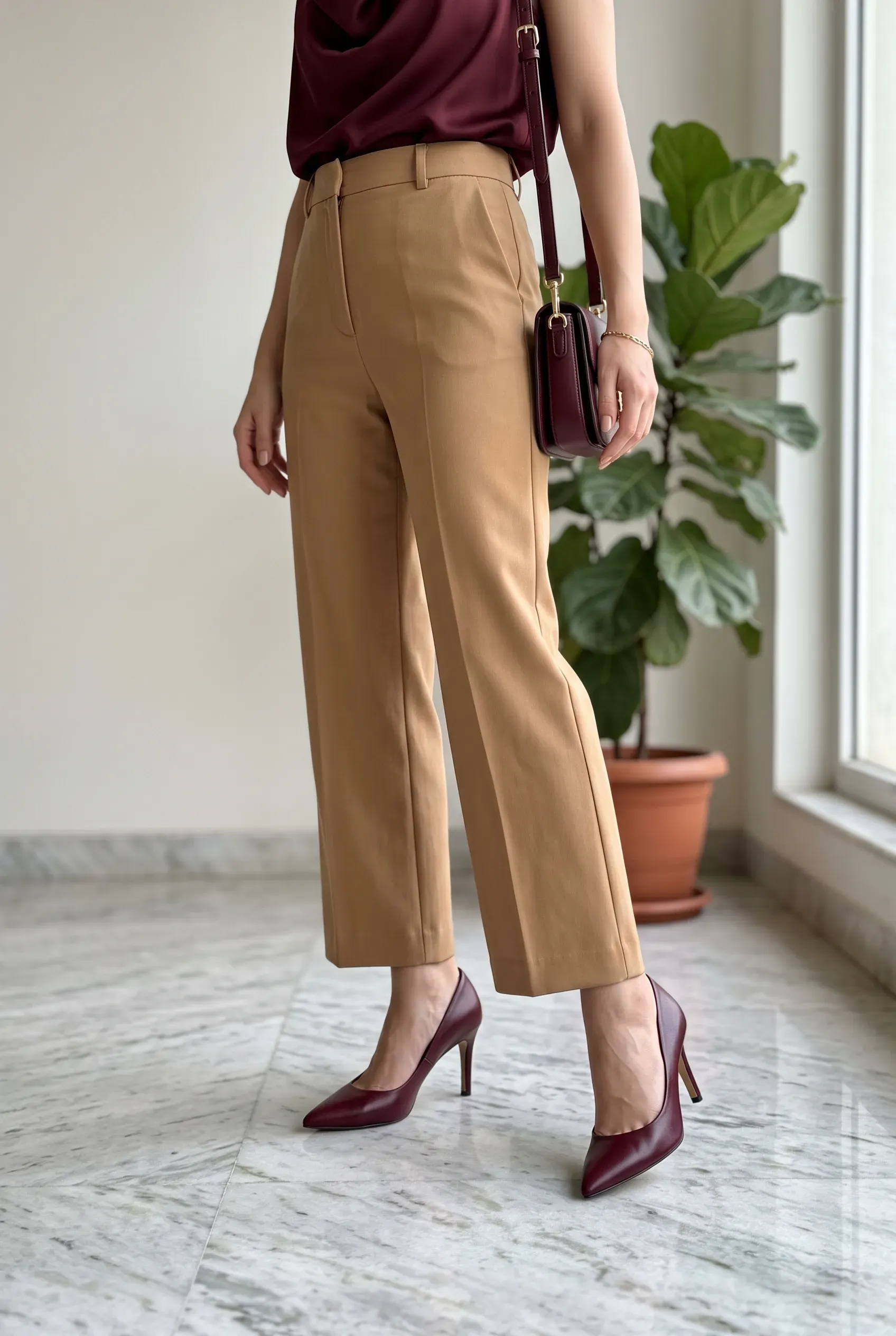 Burgundy satin stiletto pumps with large bows at the back of the heel