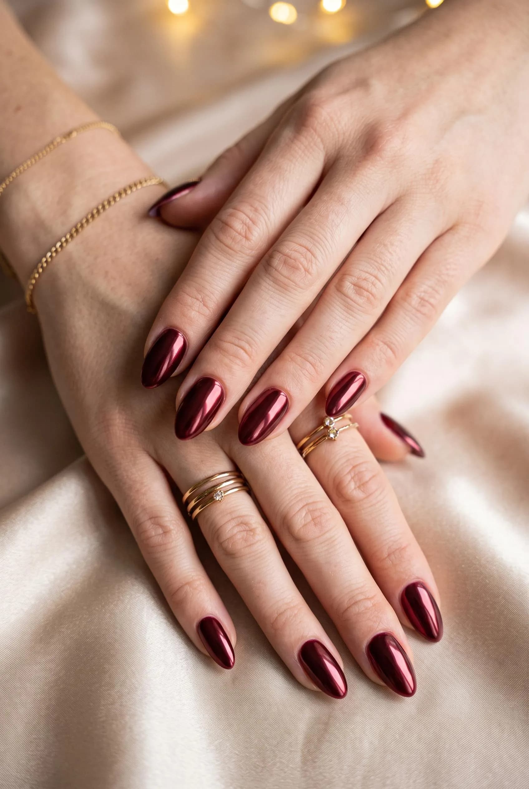 Burgundy chrome almond nails with a metallic shine on champagne silk