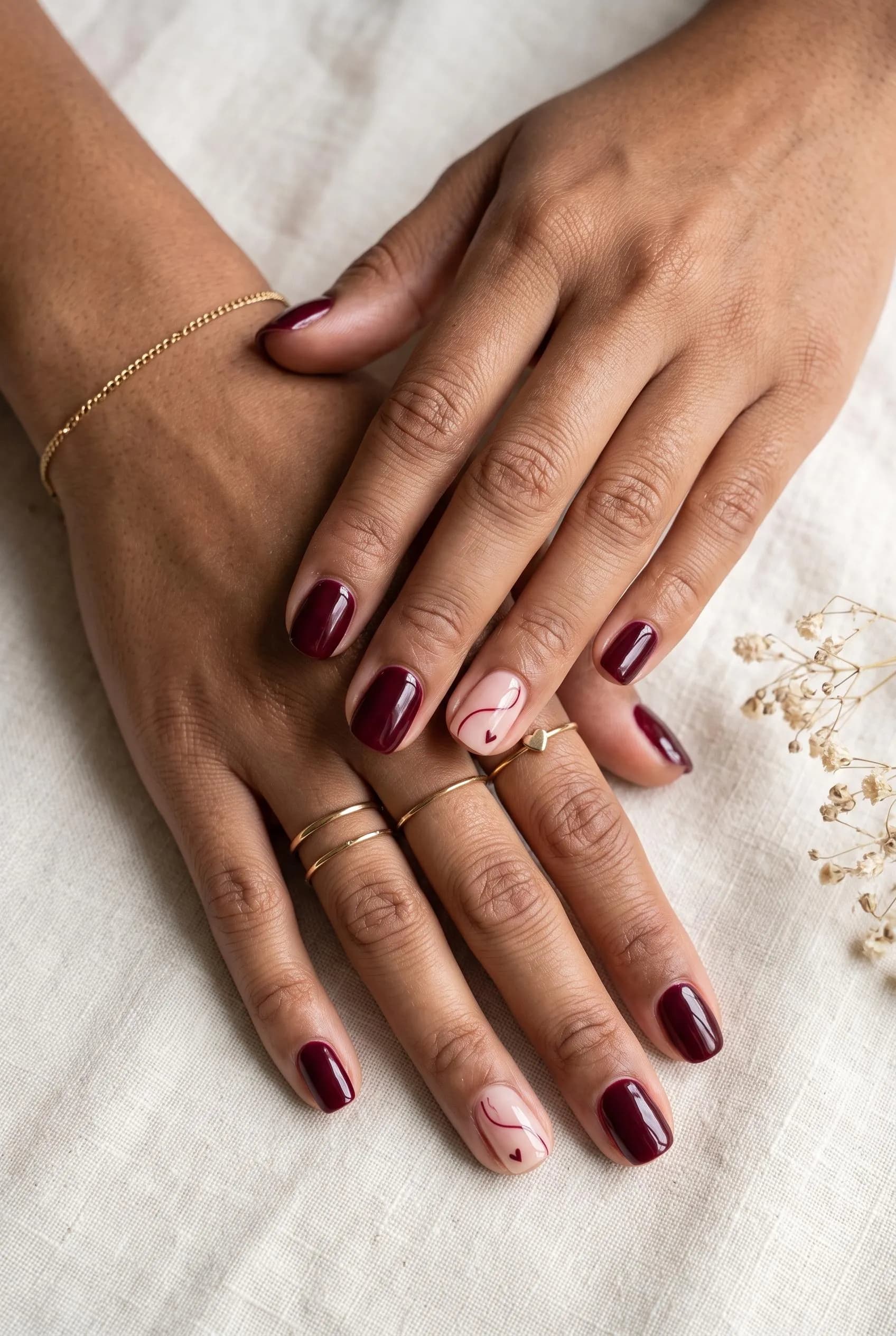 Glossy burgundy nails with a nude accent nail and fine burgundy line art on linen