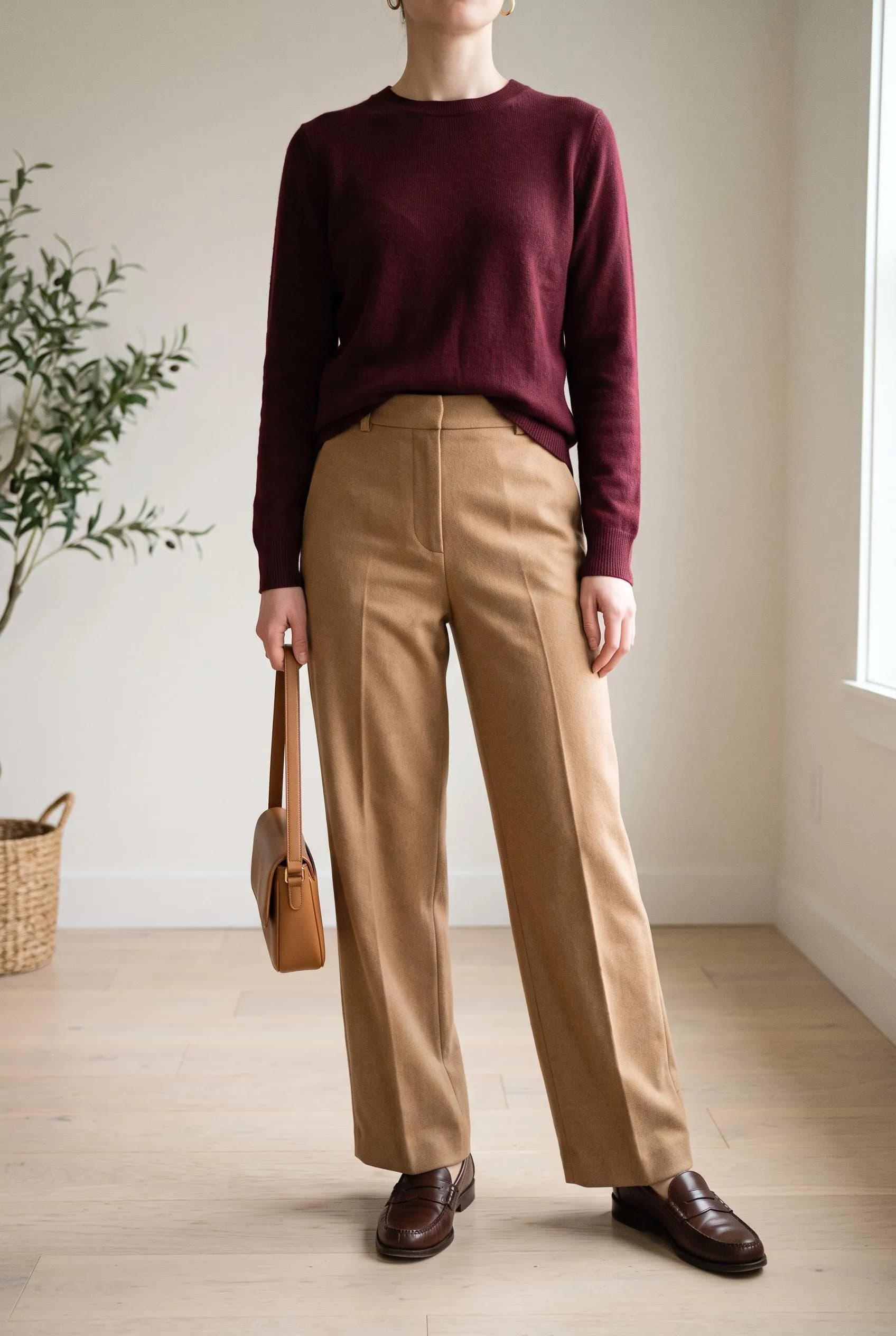 Burgundy knit sweater with camel wide-leg trousers, brown loafers and a tan bag