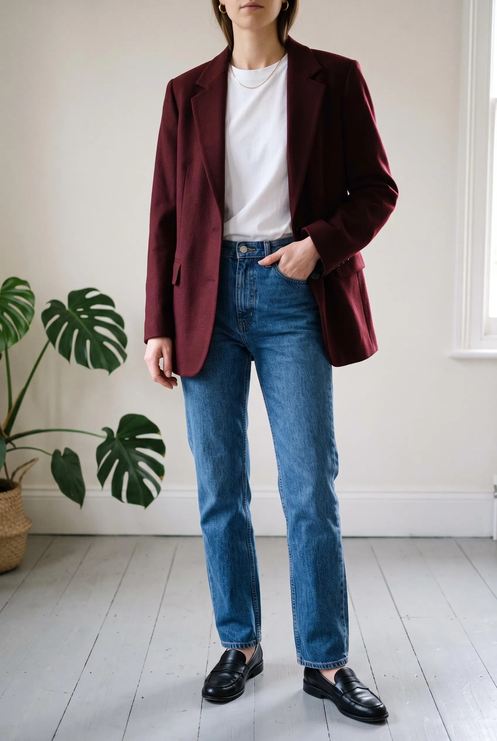 Burgundy blazer over a white tee with straight blue jeans and black loafers