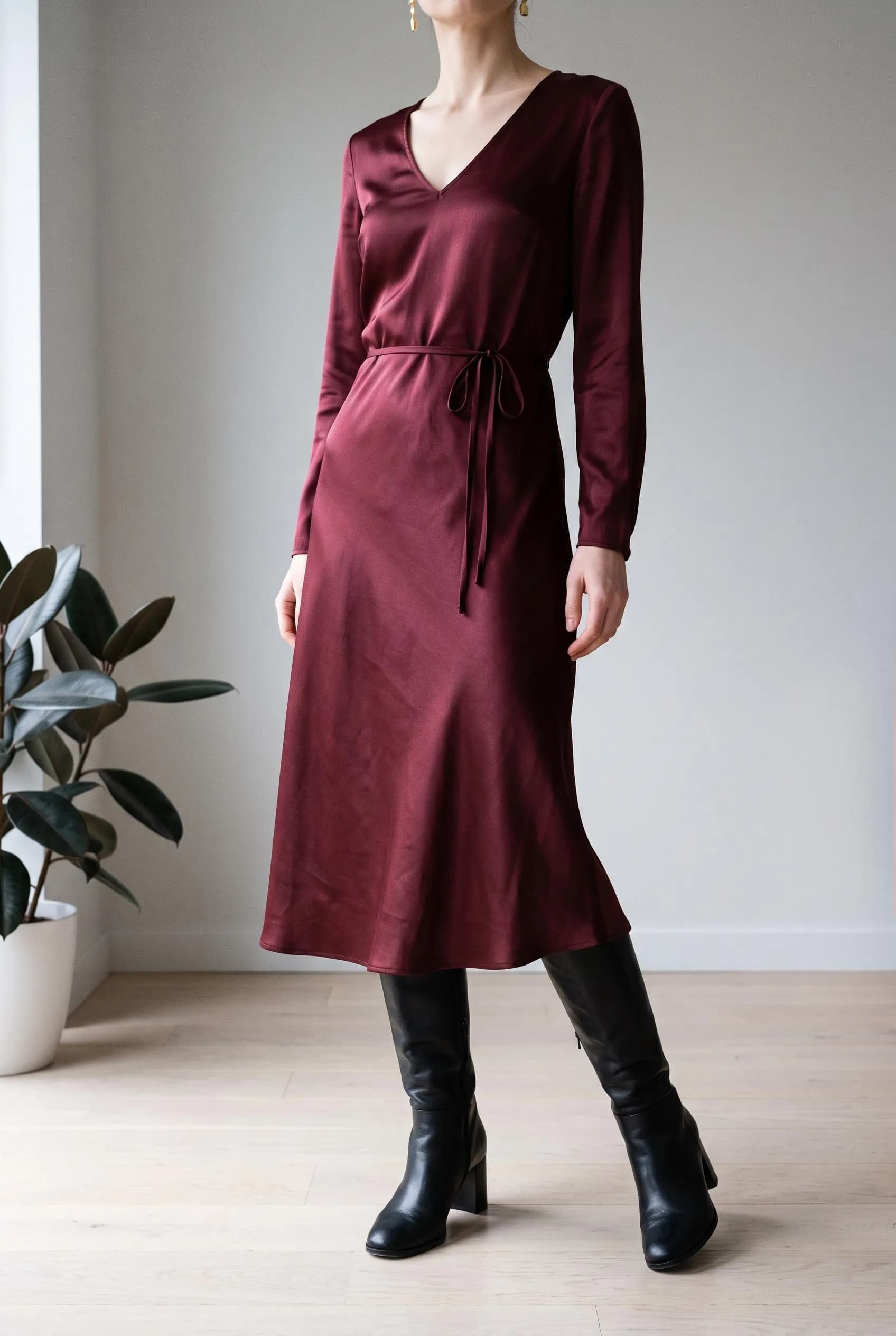 Burgundy satin long-sleeve midi dress with black knee-high boots