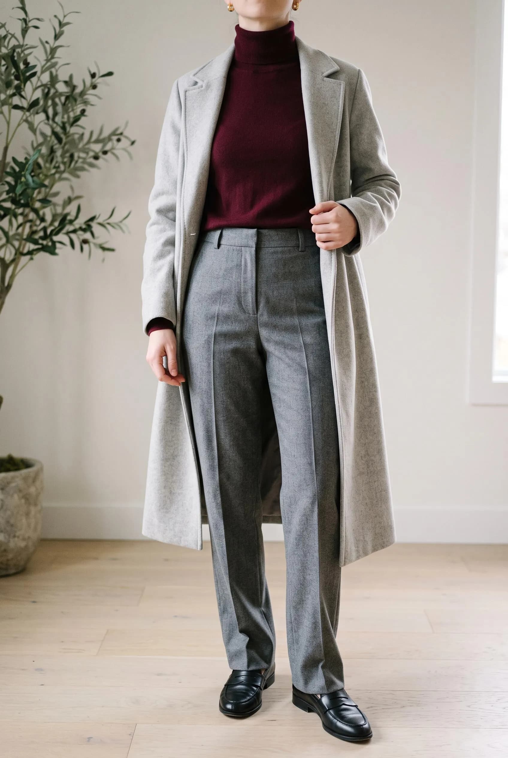 Burgundy turtleneck with grey wool trousers, a long grey coat and black loafers