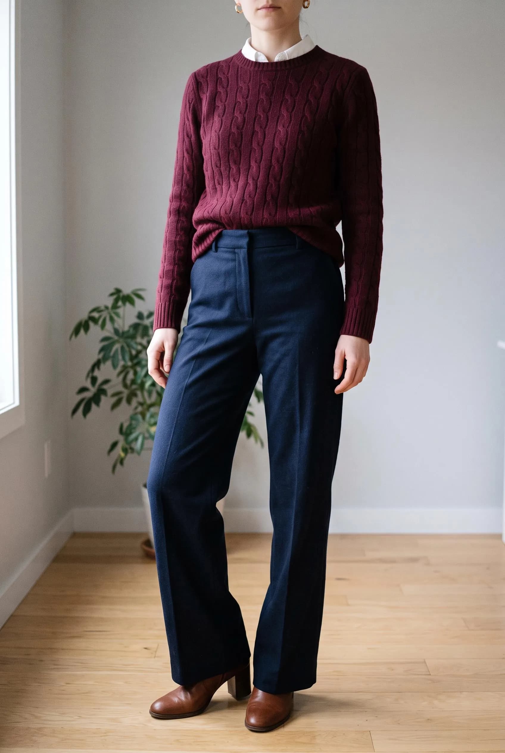Burgundy cable-knit sweater with navy wide-leg trousers and brown ankle boots