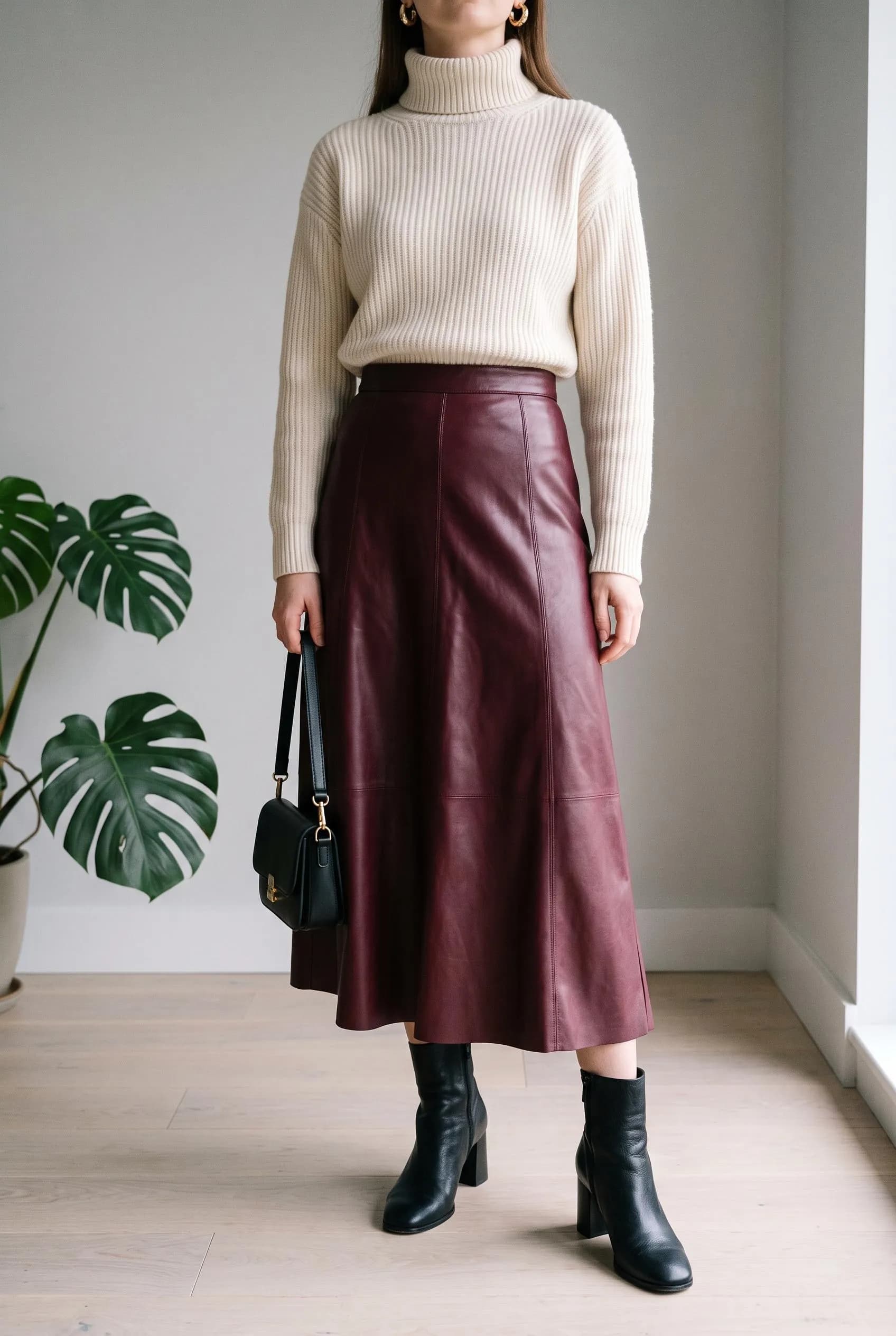 Cream turtleneck with a burgundy leather midi skirt, black ankle boots and a black bag