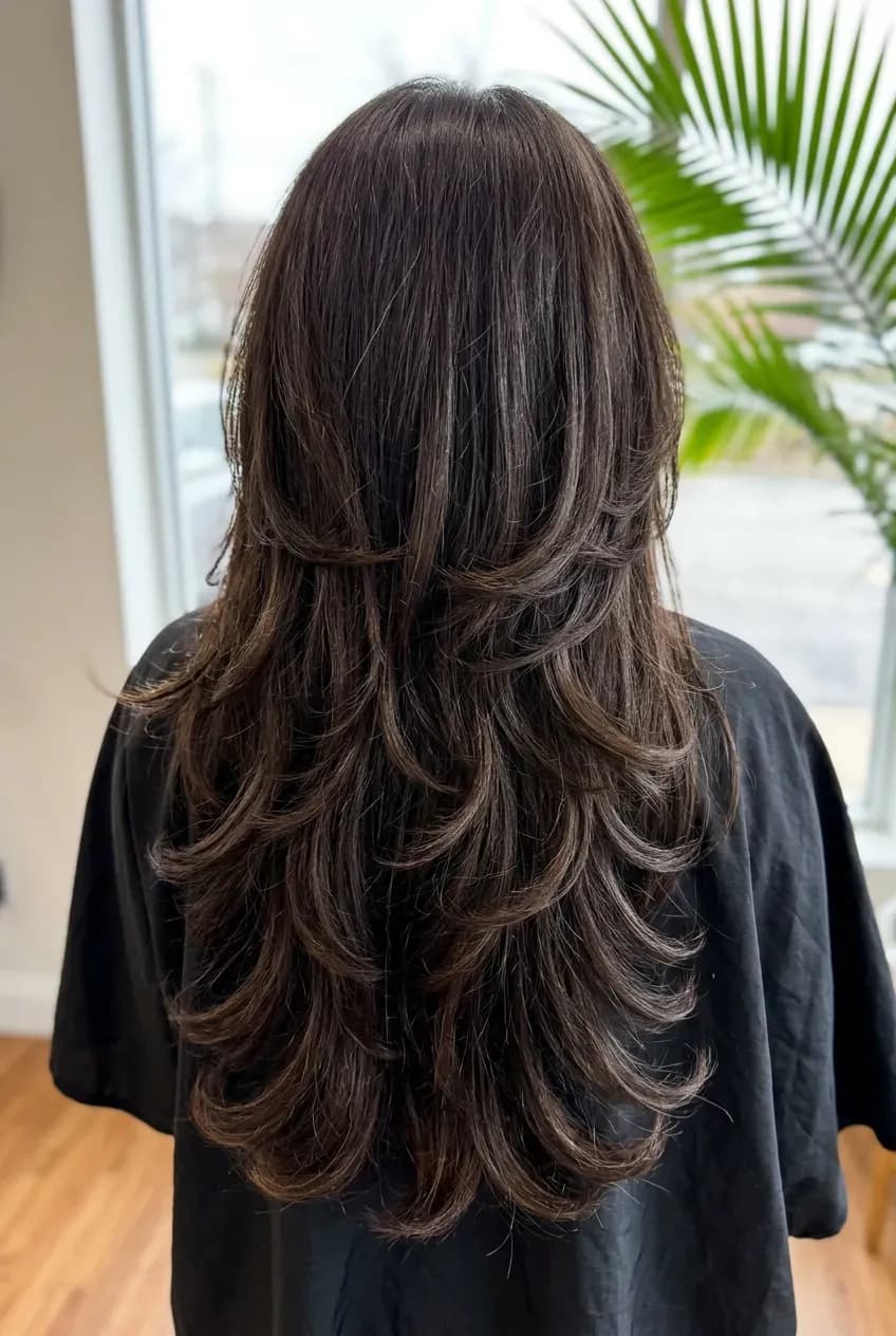 Brown butterfly haircut with curtain bangs from four angles