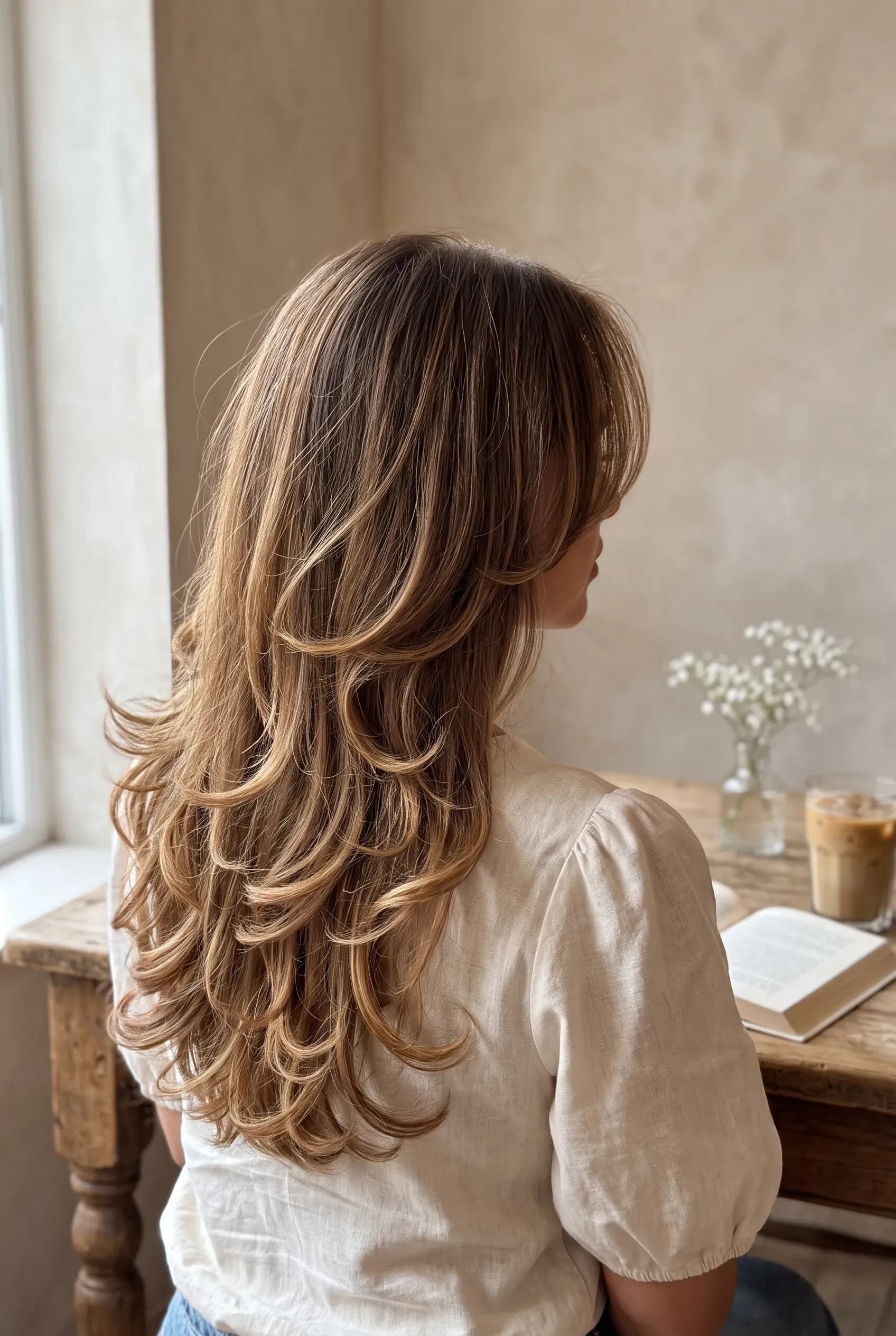 Brown butterfly haircut with curtain bangs from four angles