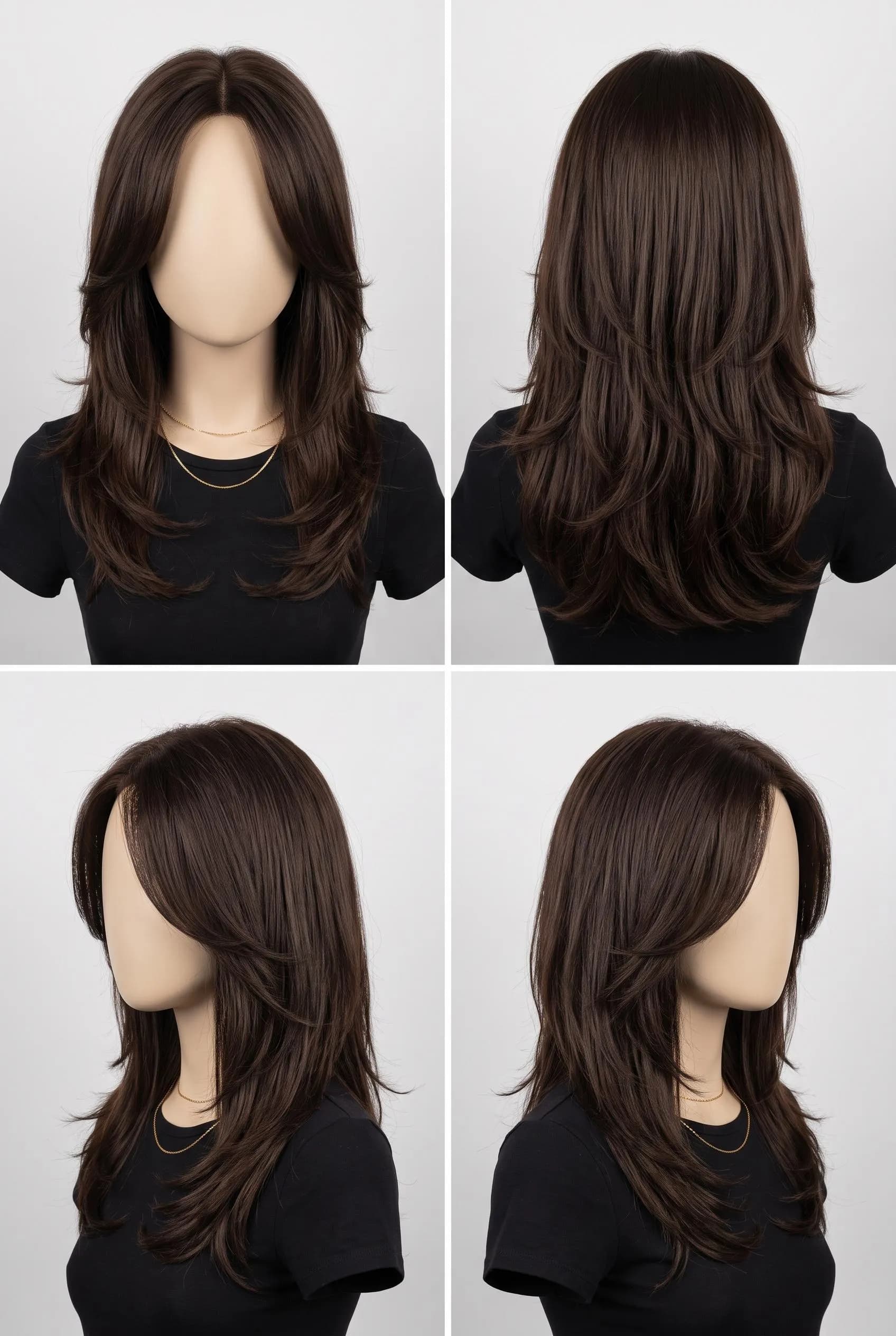 Brown butterfly haircut with curtain bangs from four angles