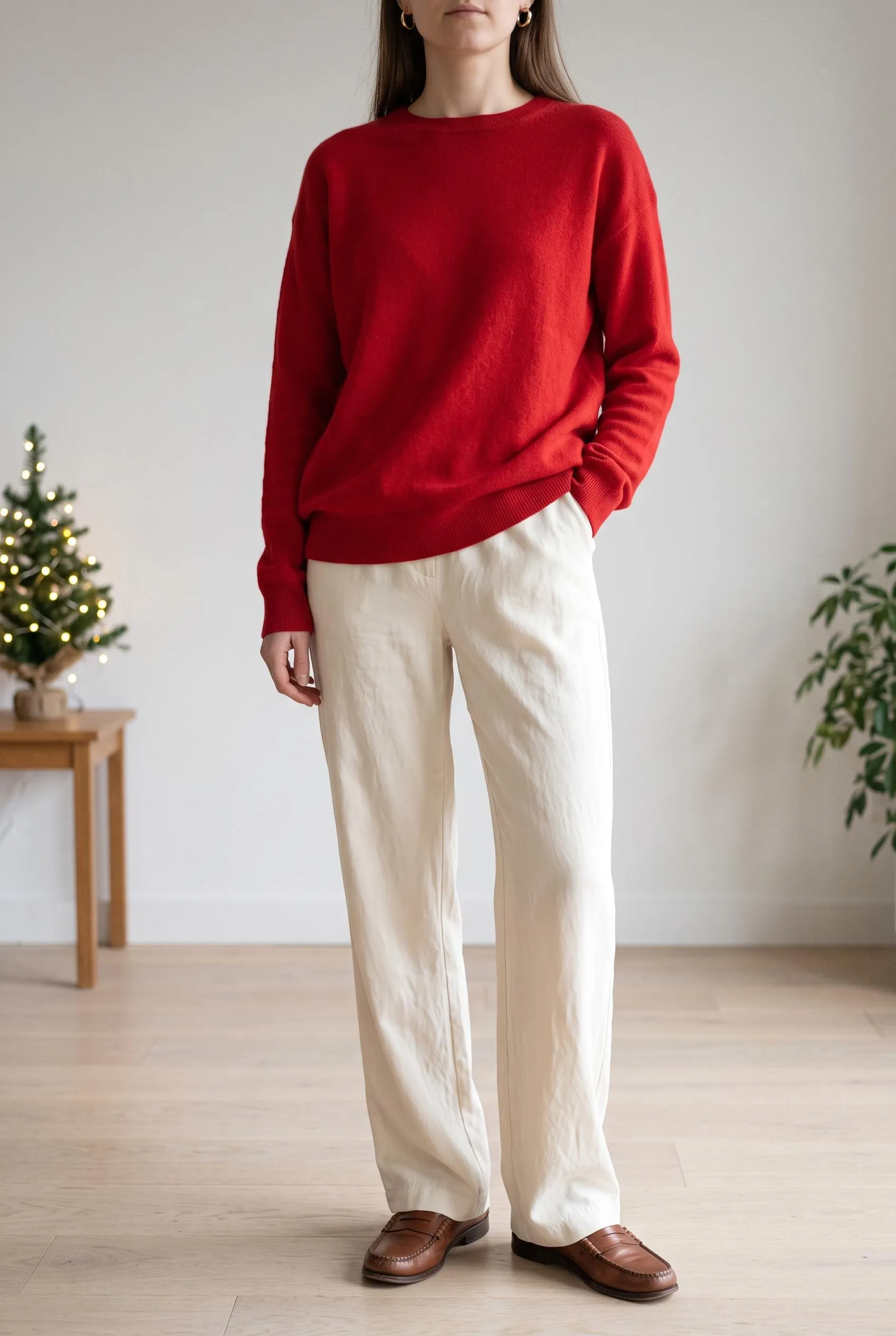 True red knit sweater with cream wide-leg trousers and brown loafers