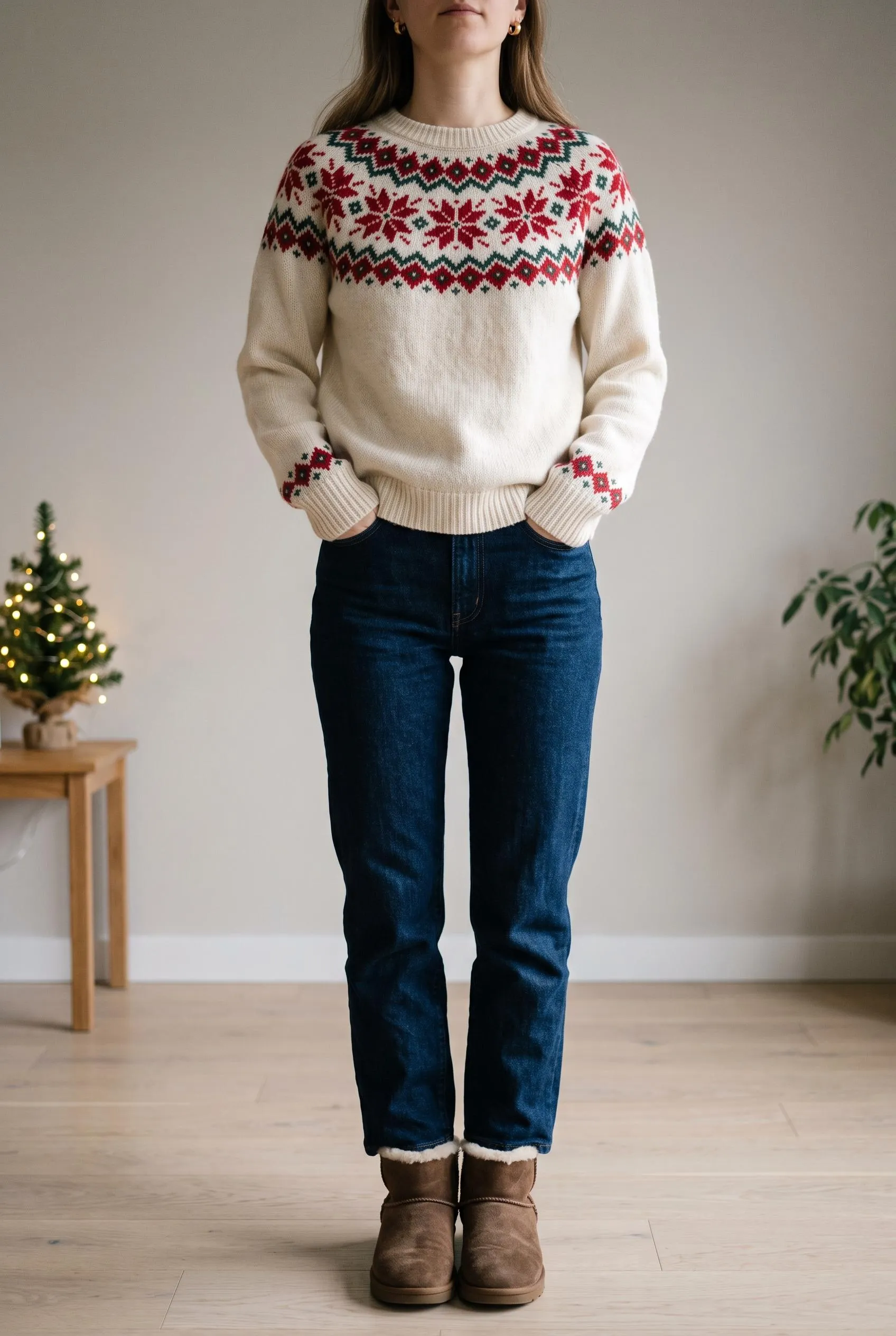 Cream Fair Isle sweater with a red and green yoke, dark jeans and sheepskin-lined boots