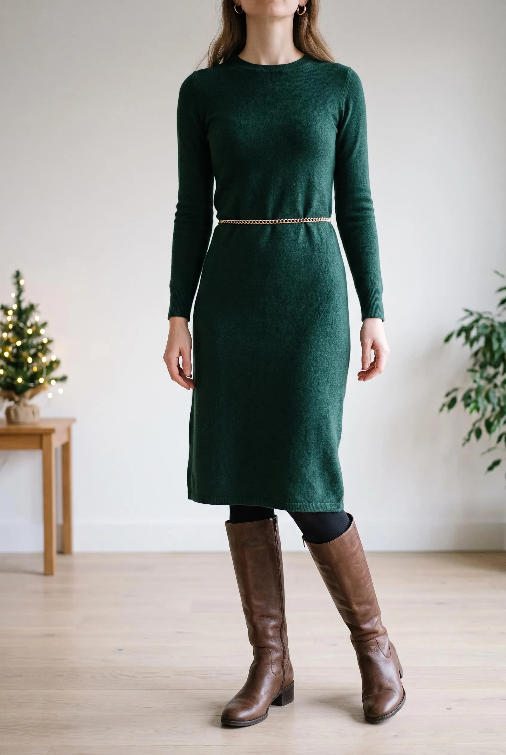 Forest green knit dress with a gold chain belt, black tights and brown knee boots