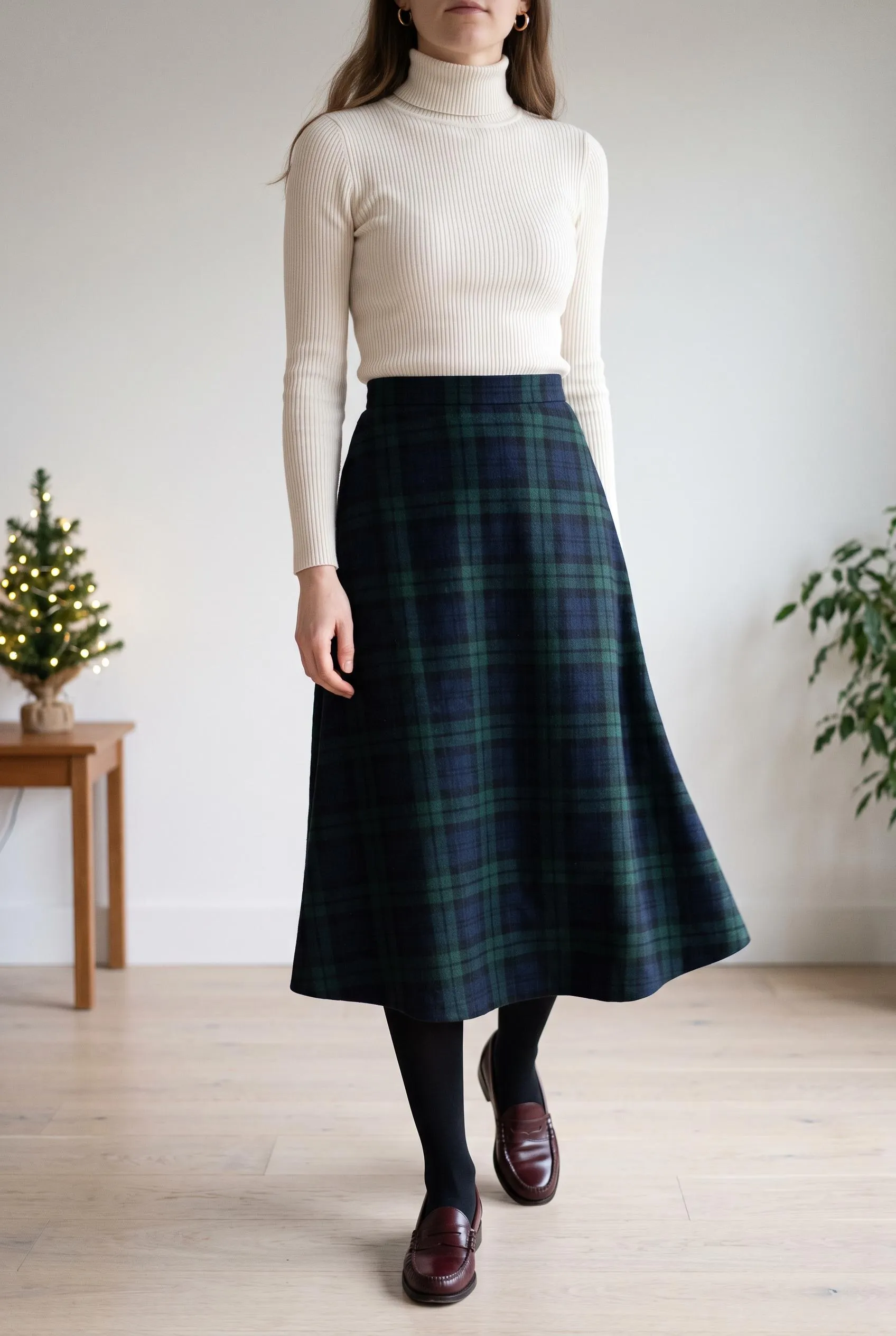 Cream turtleneck with a green Black Watch plaid midi skirt, black tights and burgundy loafers