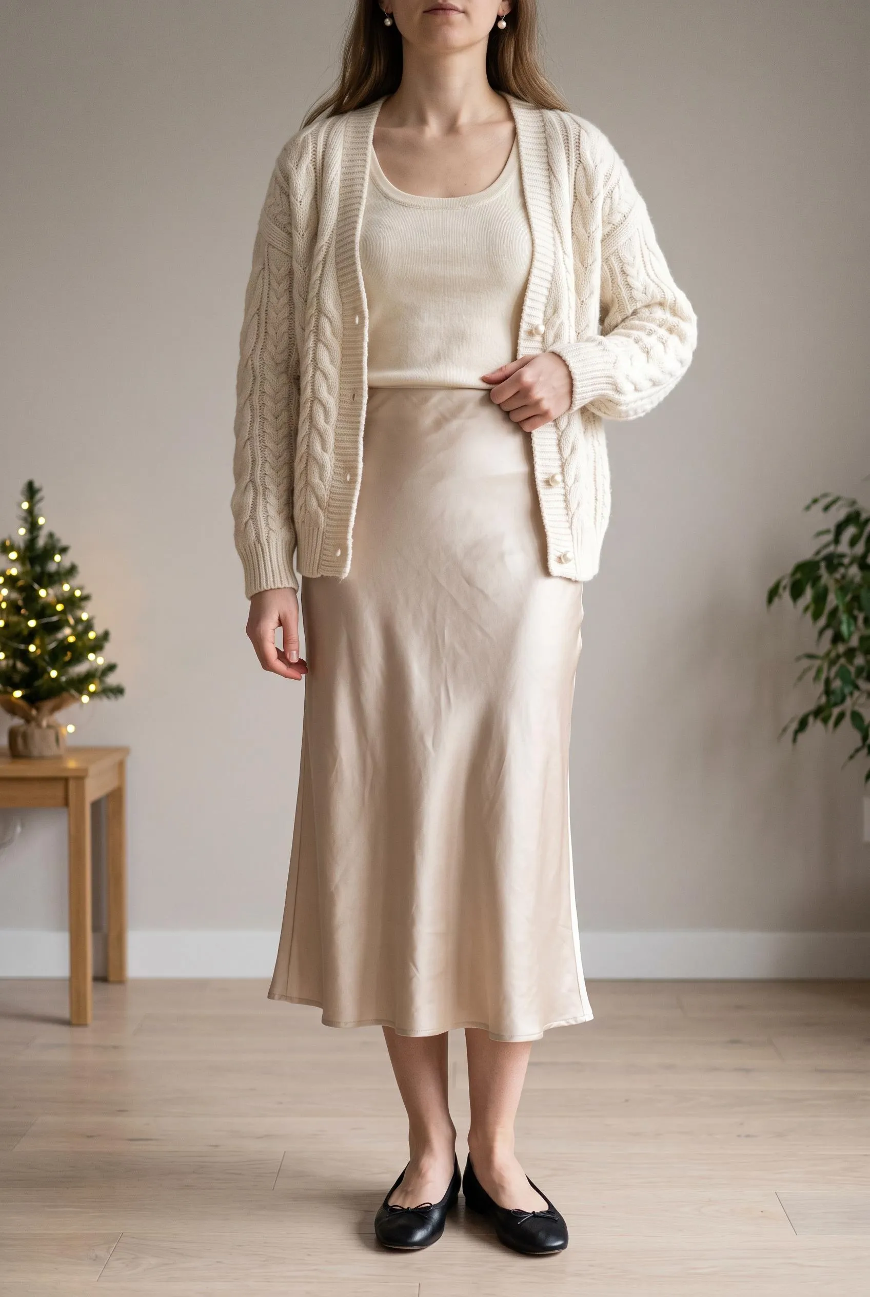 Chunky cream cardigan over a champagne satin midi skirt with black ballet flats