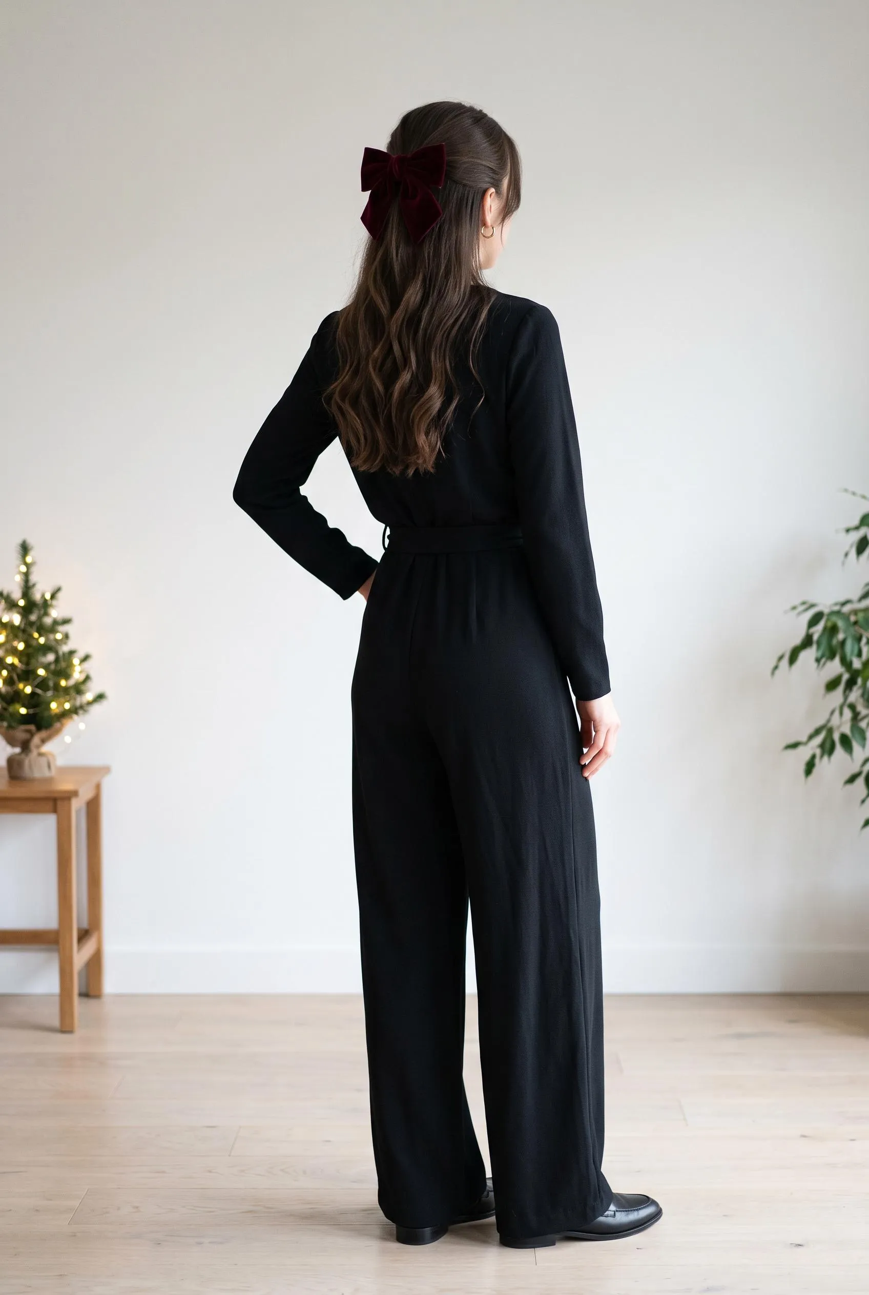 Black wide-leg jumpsuit with a burgundy velvet bow in the hair, seen from behind