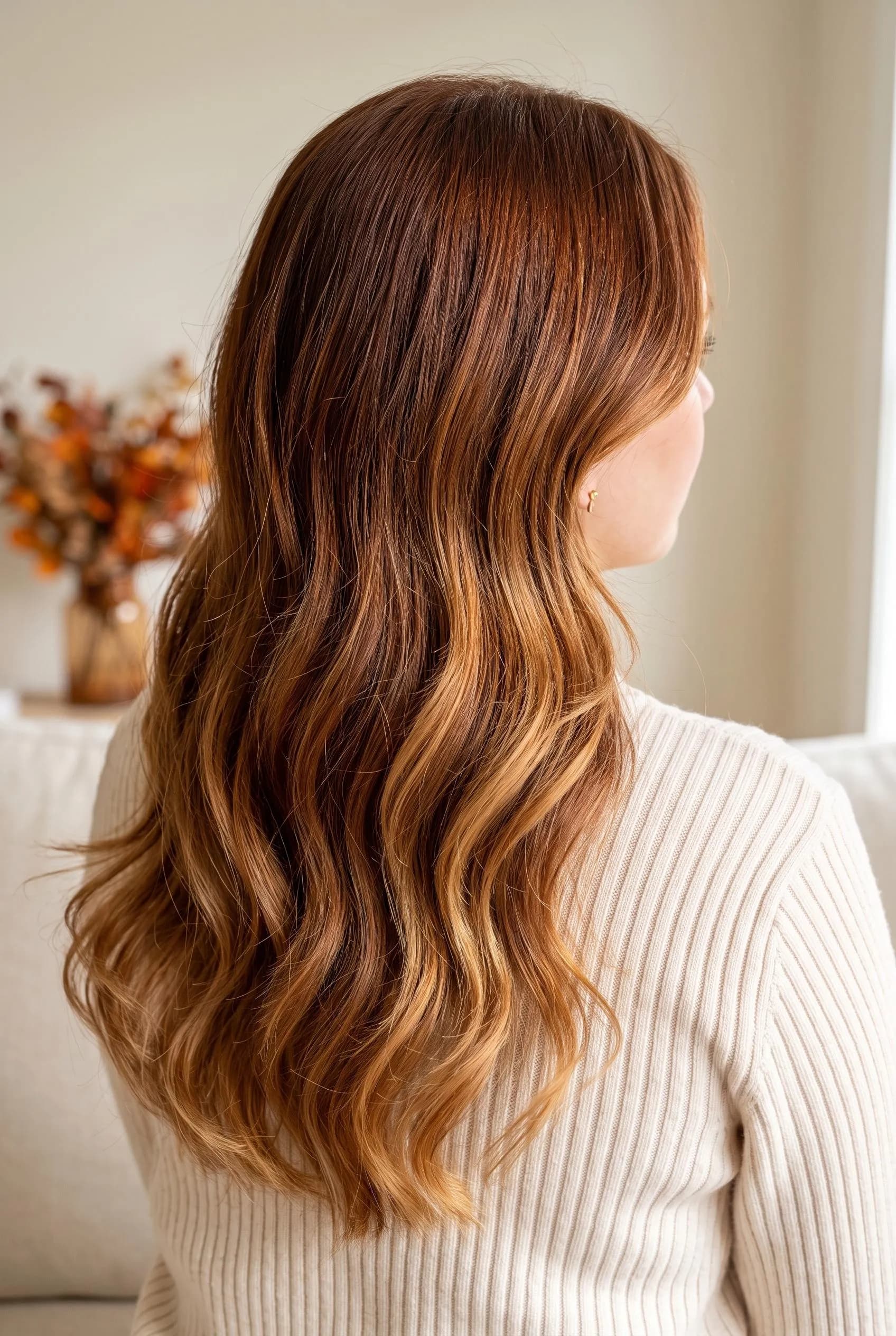 Long copper brown waves with soft honey blonde balayage through the ends