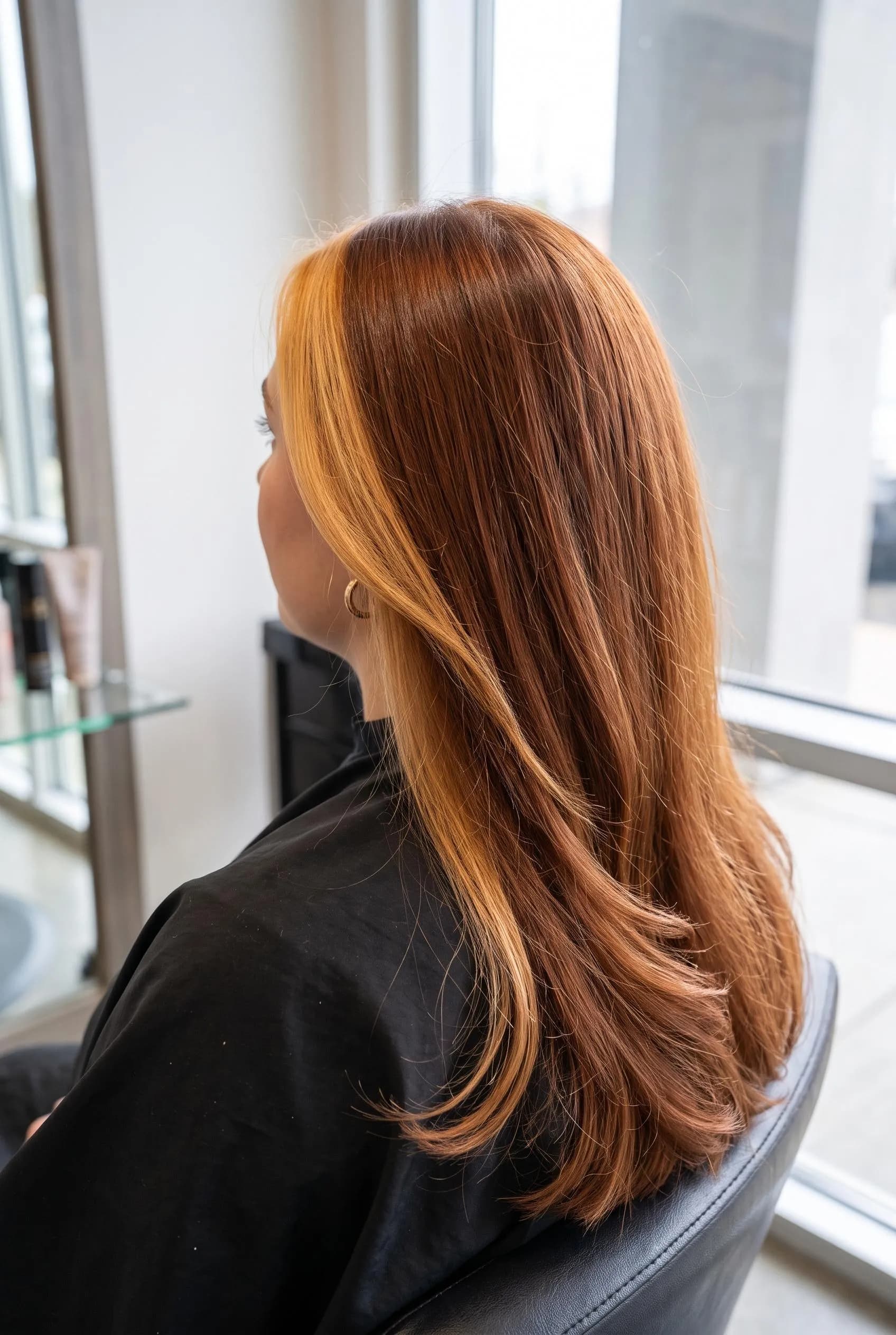 Copper brown hair with a bright blonde money piece framing the face