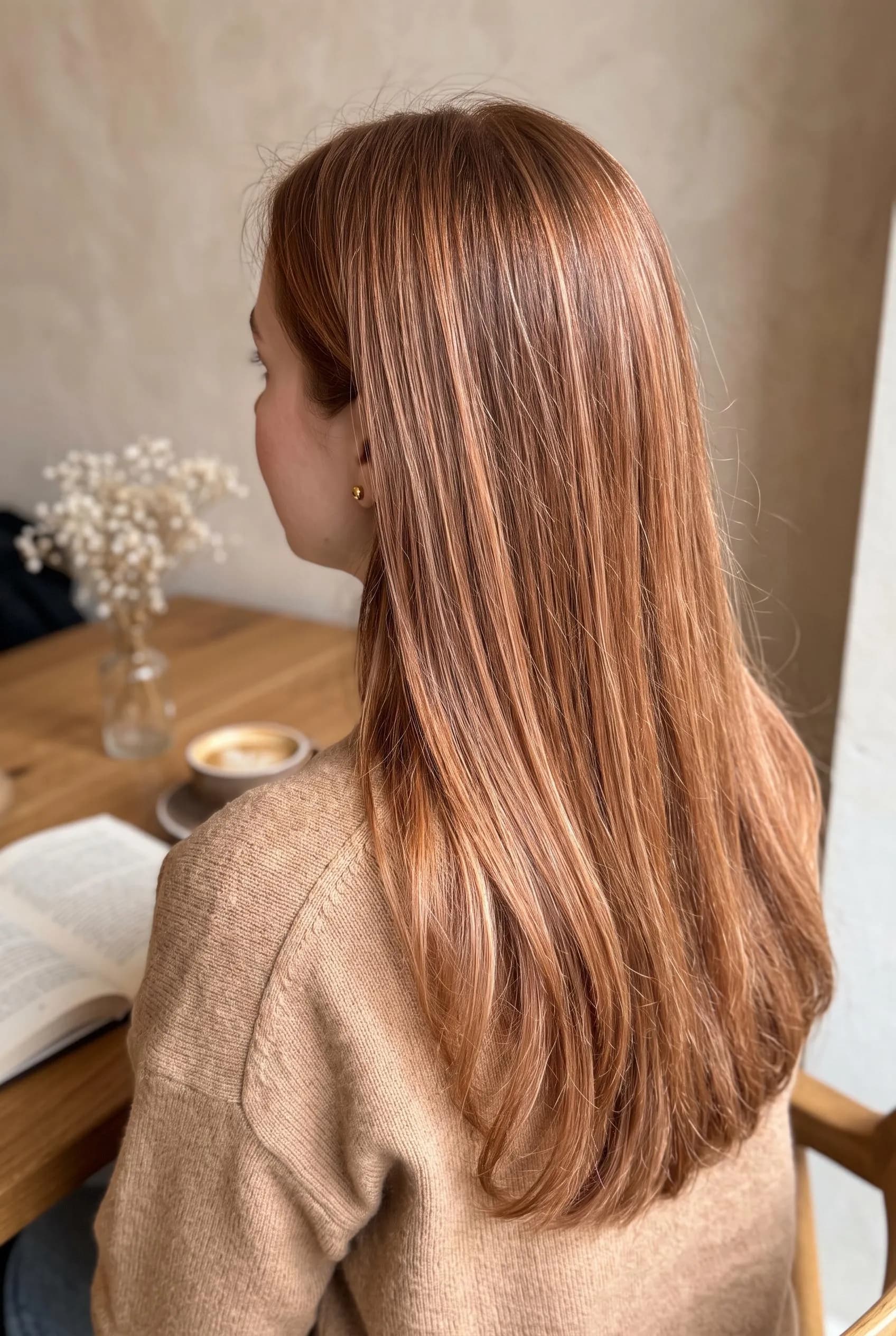 Straight copper brown hair with fine strawberry blonde ribbon highlights
