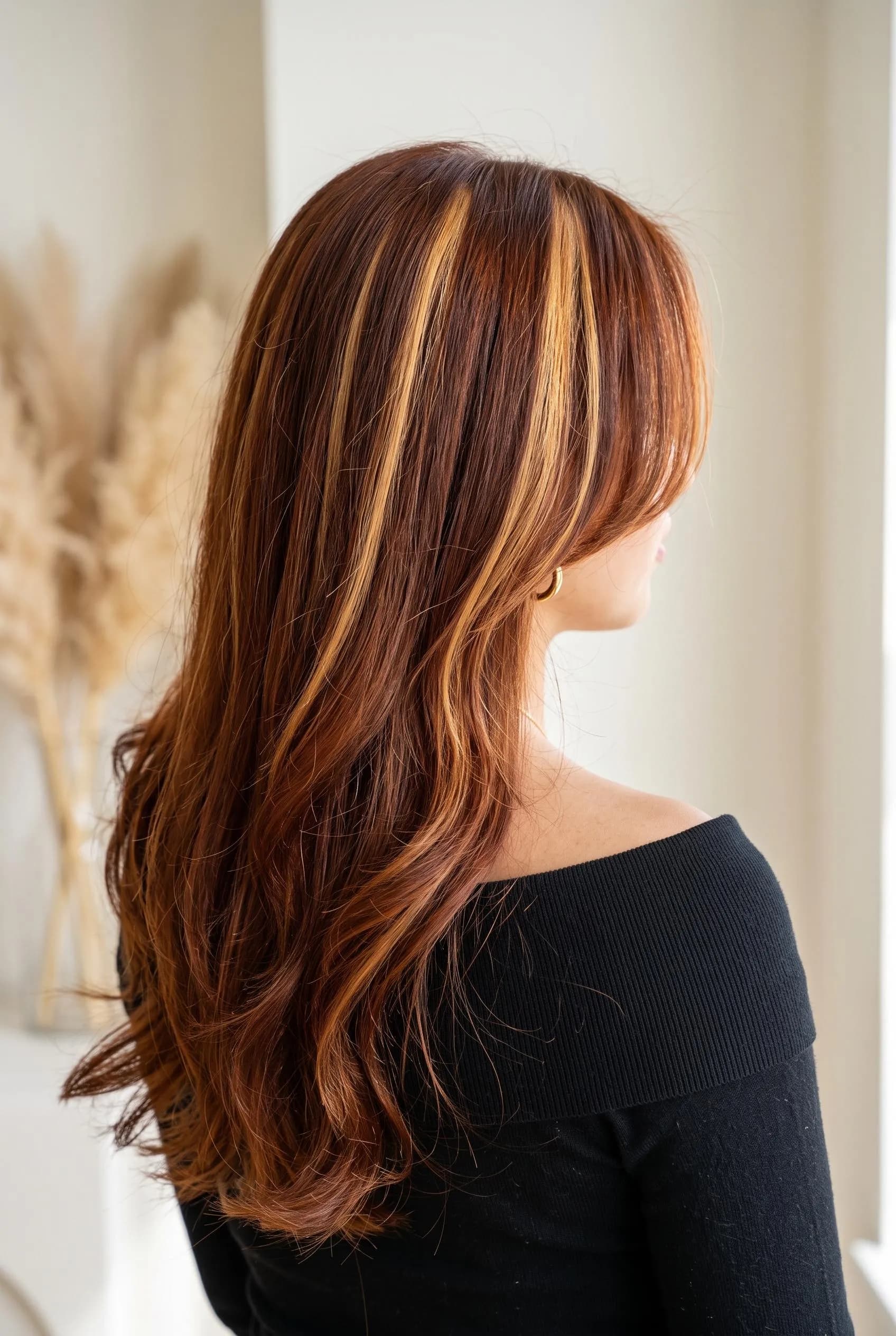 Deep auburn copper hair with bold chunky golden blonde highlights