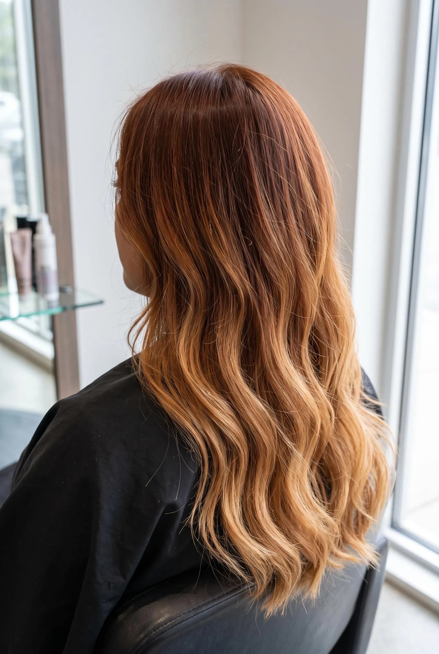 Copper brown roots melting into warm golden blonde ombre waves