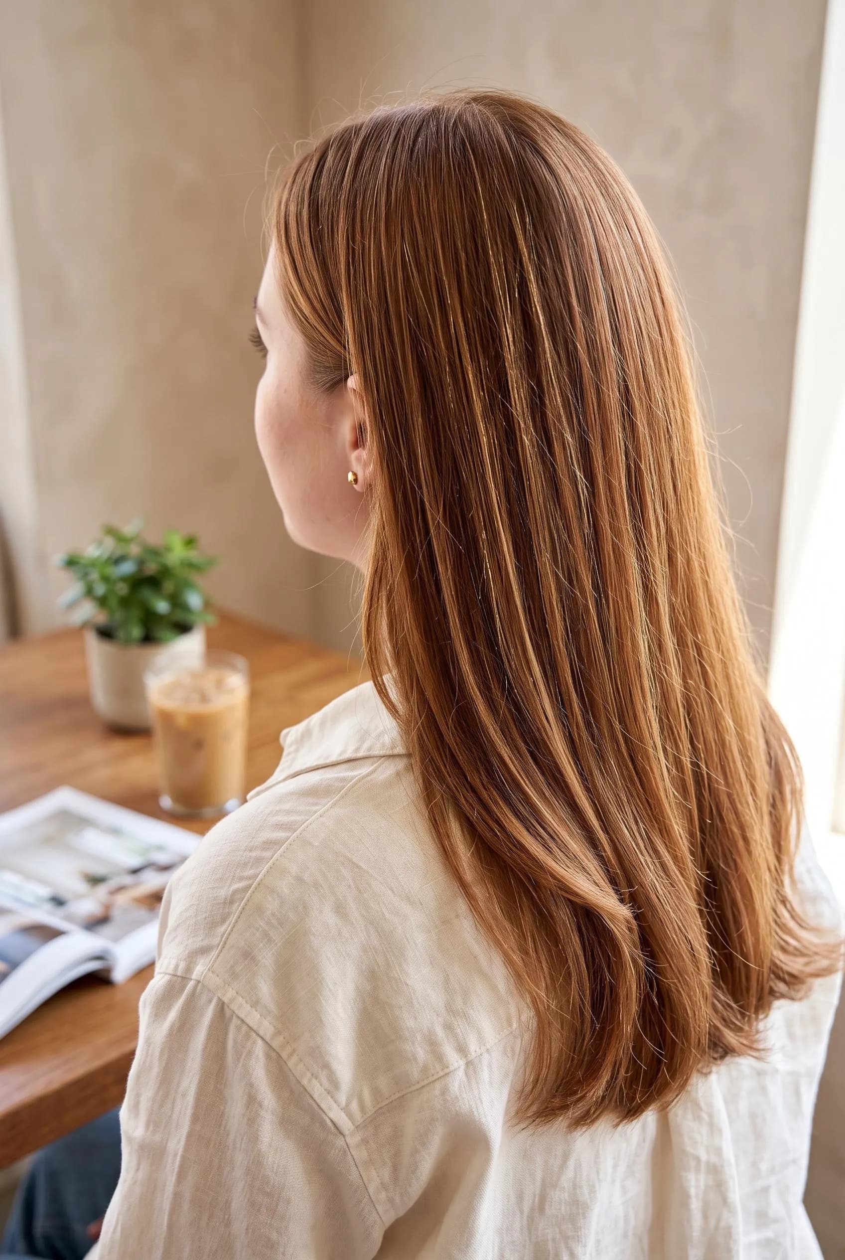 Copper brown hair with fine honey blonde babylights all over