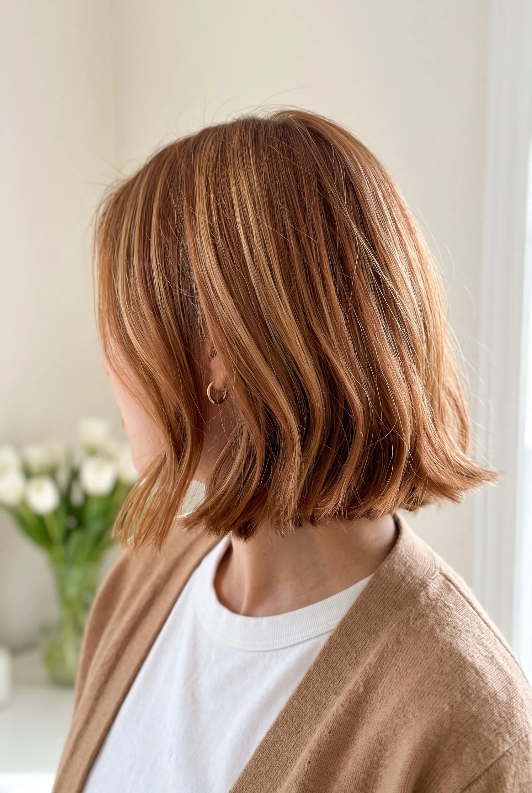 Collarbone-length copper brown bob with soft blonde highlights