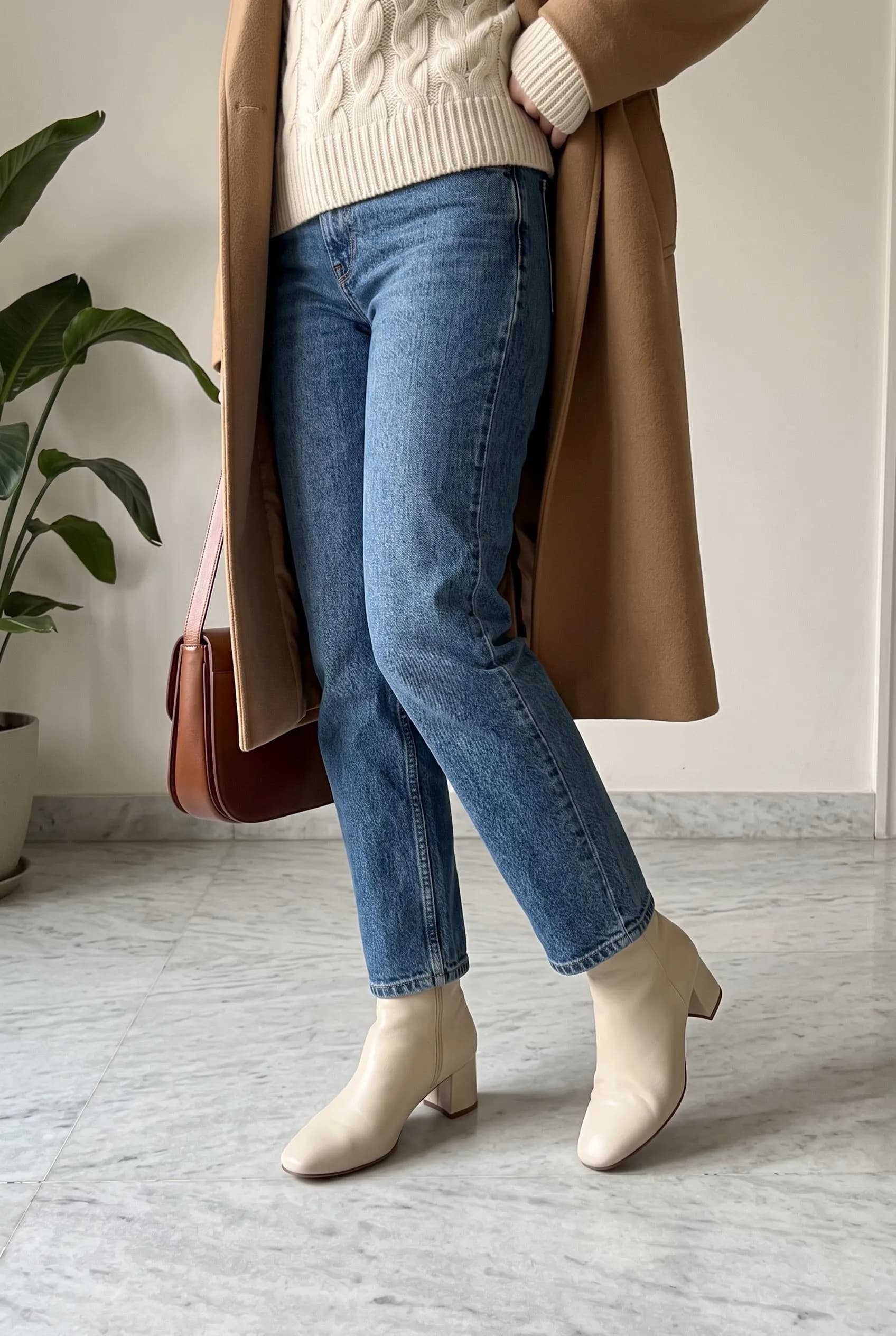 Cream leather ankle boots with straight blue jeans, a cream cable knit and a camel coat on a marble floor