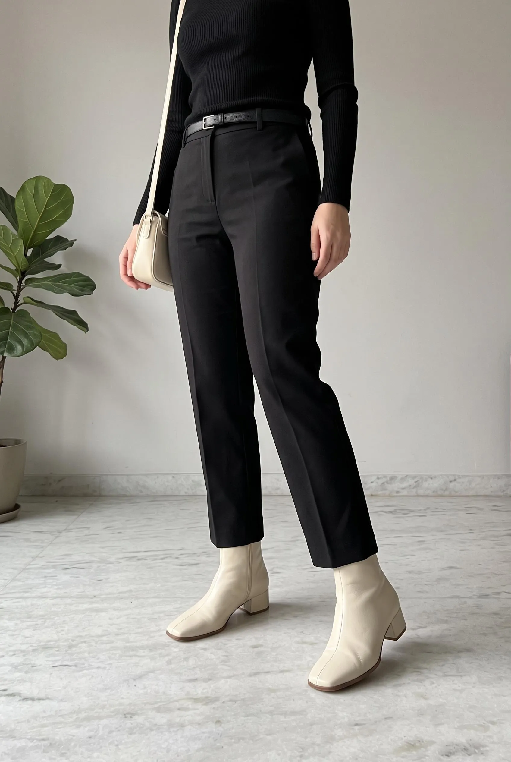Cream square-toe ankle boots with cropped black trousers and a black turtleneck